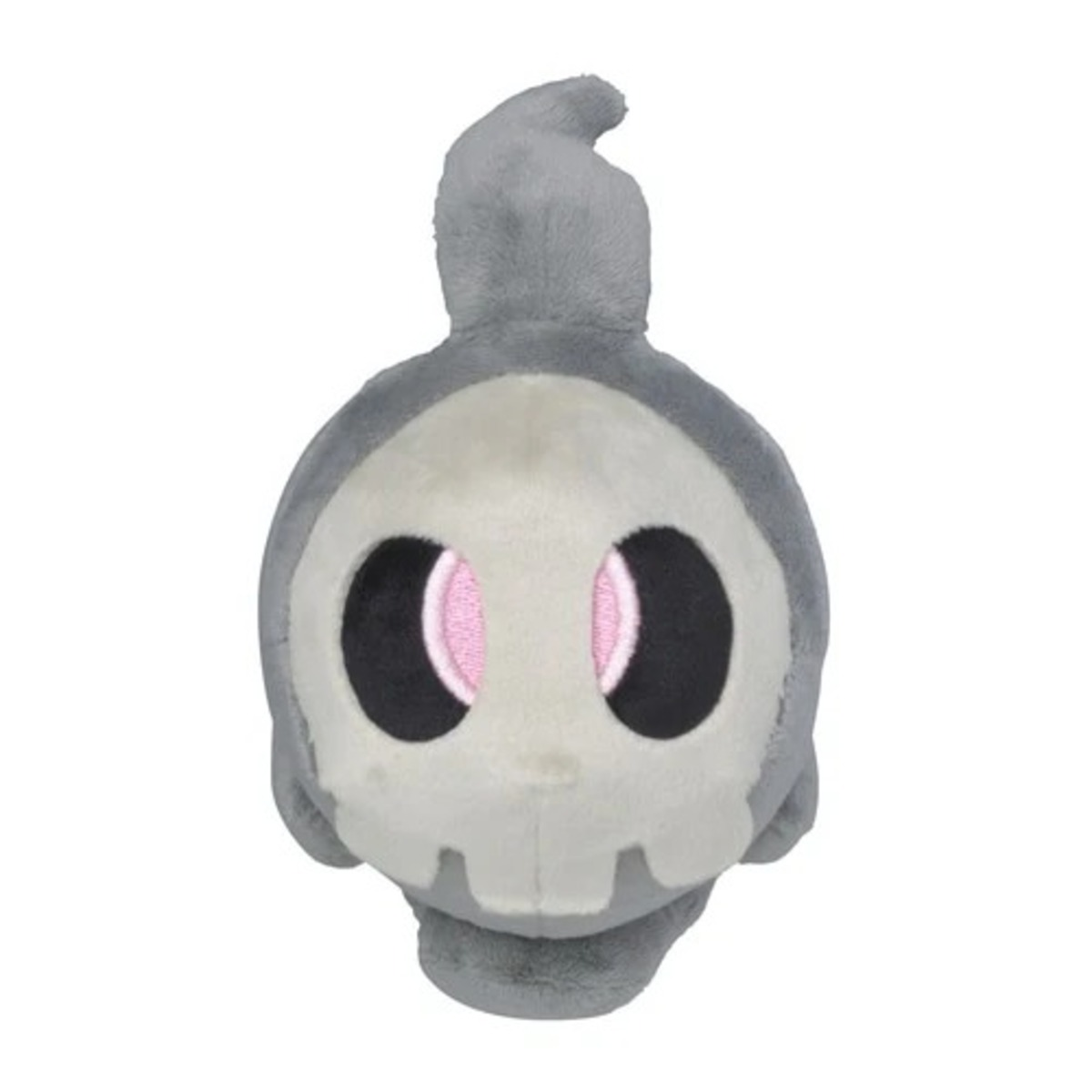 Ein Plüschtier in Form eines Geistes. Es hat ein weißes Totenkopfgesicht mit schwarzen Augen und rosa inneren Augenlidern. Der Körper ist grau.