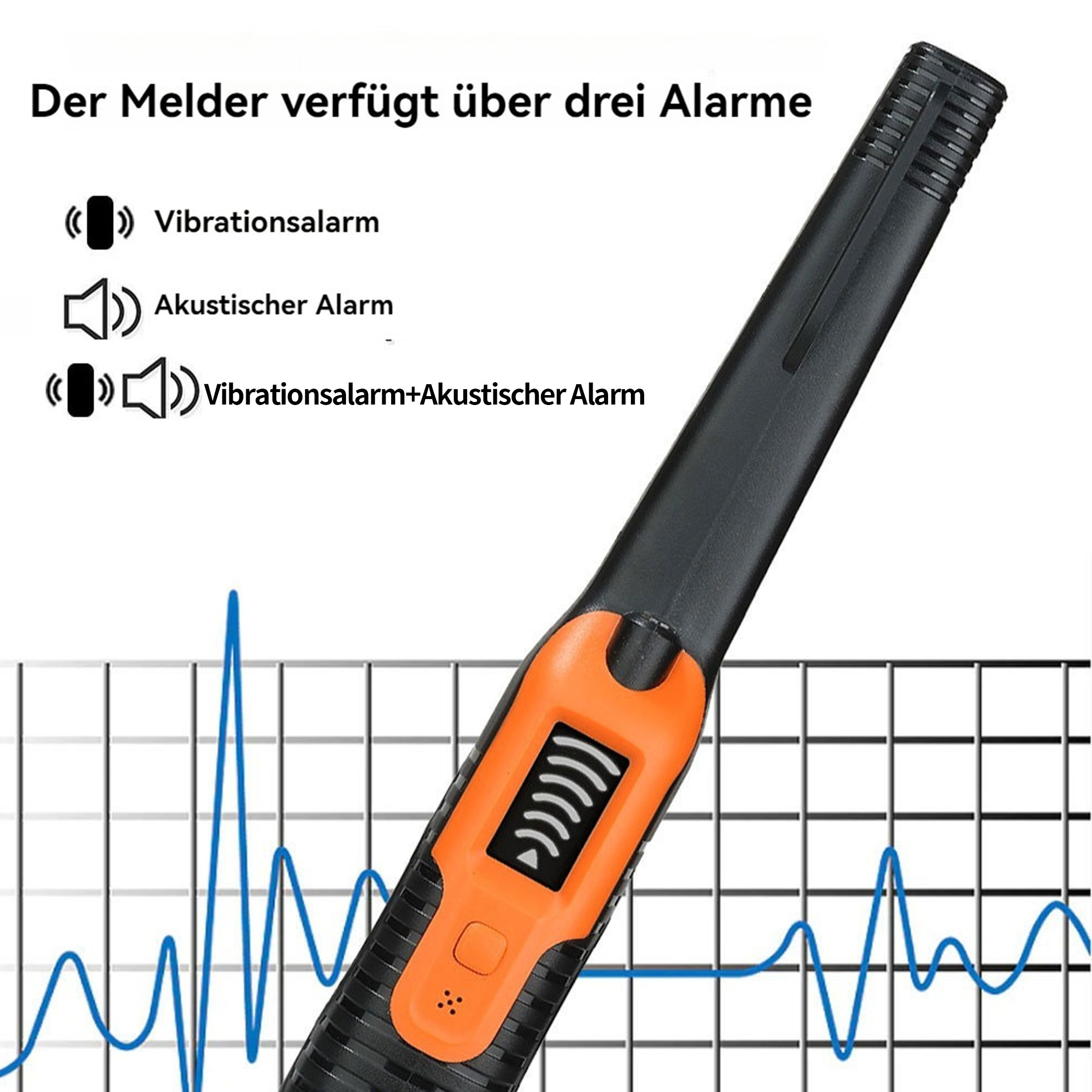 Ein schwarz-oranges Gerät mit drei Alarmmodi. Im Hintergrund befindet sich ein blaues wellenförmiges Diagramm.
