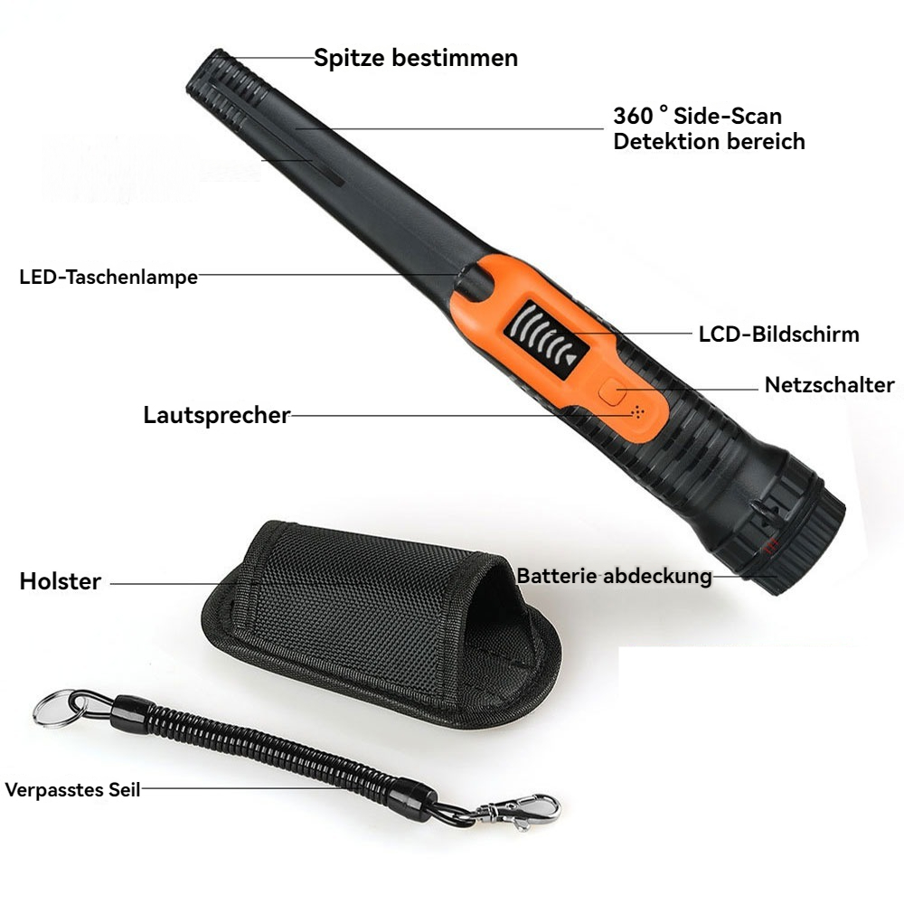 Ein Metalldetektor mit Holster, Schlüsselband und Etiketten. Detektor ist schwarz und orange. Etiketten identifizieren Teile wie LCD, Lautsprecher und Batterieabdeckung.