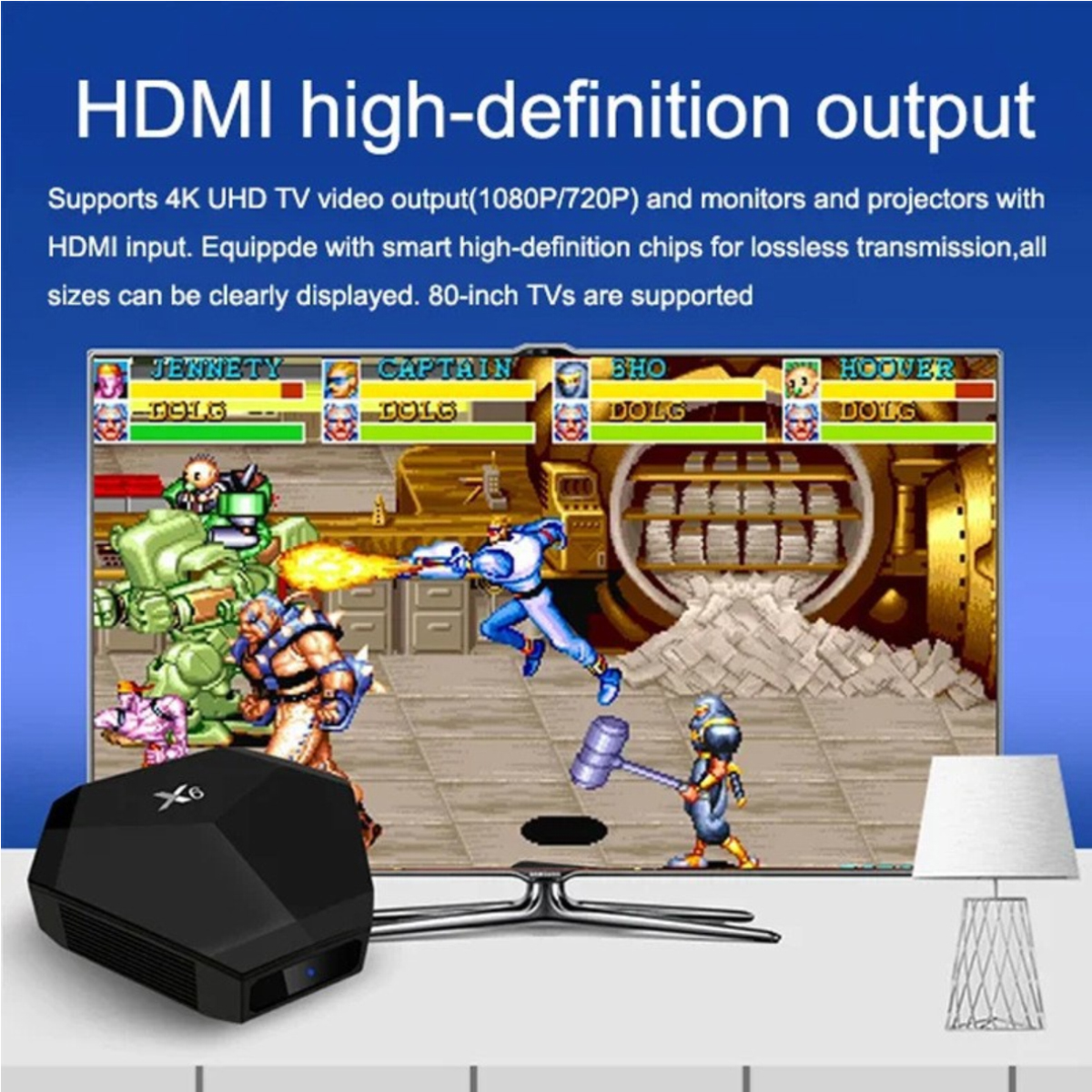 Ein Fernseher zeigt ein Videospiel. Ein schwarzes X6-Gerät befindet sich im Vordergrund. Text über HDMI-Ausgang und 4K-TV-Ausgang steht oben.