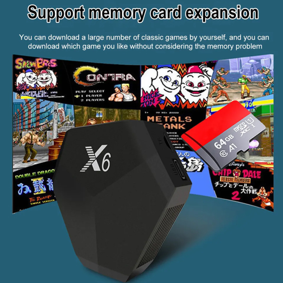 Schwarze X6-Konsole mit Speicherkarte. Screenshots klassischer Spiele im Hintergrund. Zeigt die Speichererweiterungsfähigkeit der Konsole.
