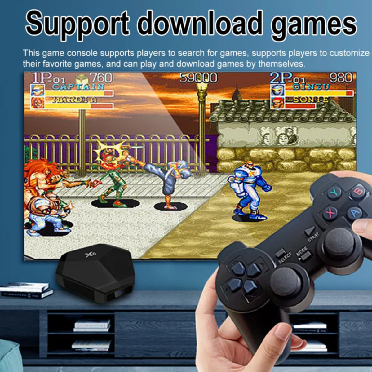 Eine Person hält einen Controller. Ein Bildschirm zeigt ein Retro-Spiel mit kämpfenden Charakteren. Eine schwarze Spielkonsole steht auf einem Regal darunter.