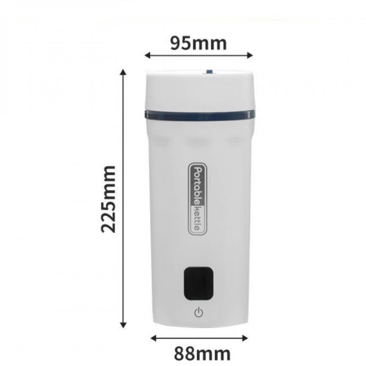Ein weißer tragbarer Wasserkocher mit den Maßen 225 mm Höhe, 95 mm Breite und 88 mm Basis. Er hat einen Ein-/Ausschalter und das Wort 'Portable Kettle'.