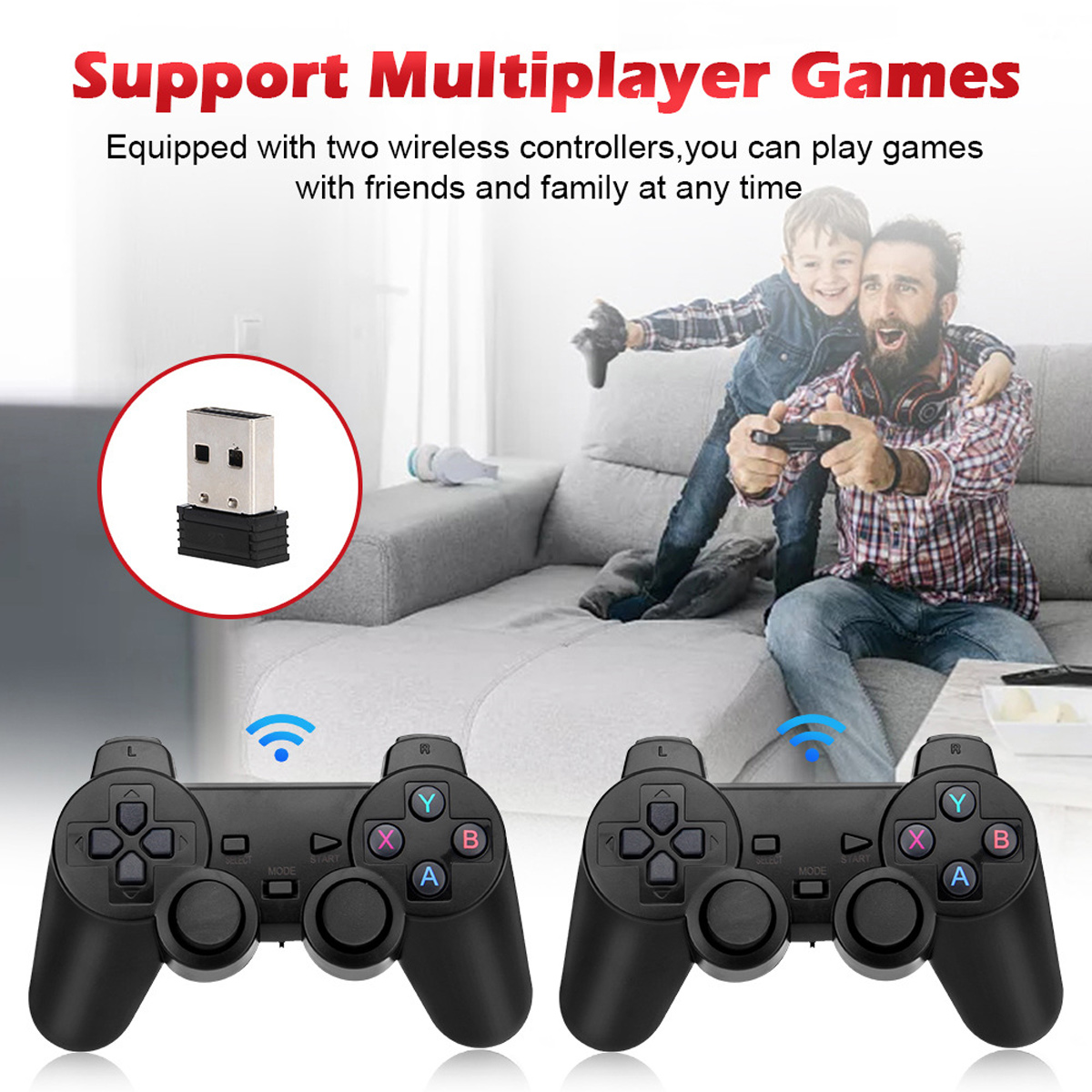 Das Bild zeigt Controller, einen USB-Dongle und einen Vater und Sohn beim Spielen. Text wirbt für Multiplayer-Gaming.