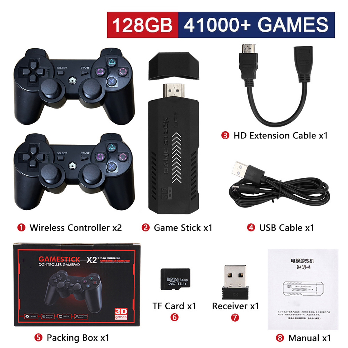 Ein Spielkonsolen-Kit mit zwei Controllern, einem Game-Stick, Kabeln, einer Box, einer TF-Karte, einem Empfänger und einer Anleitung.