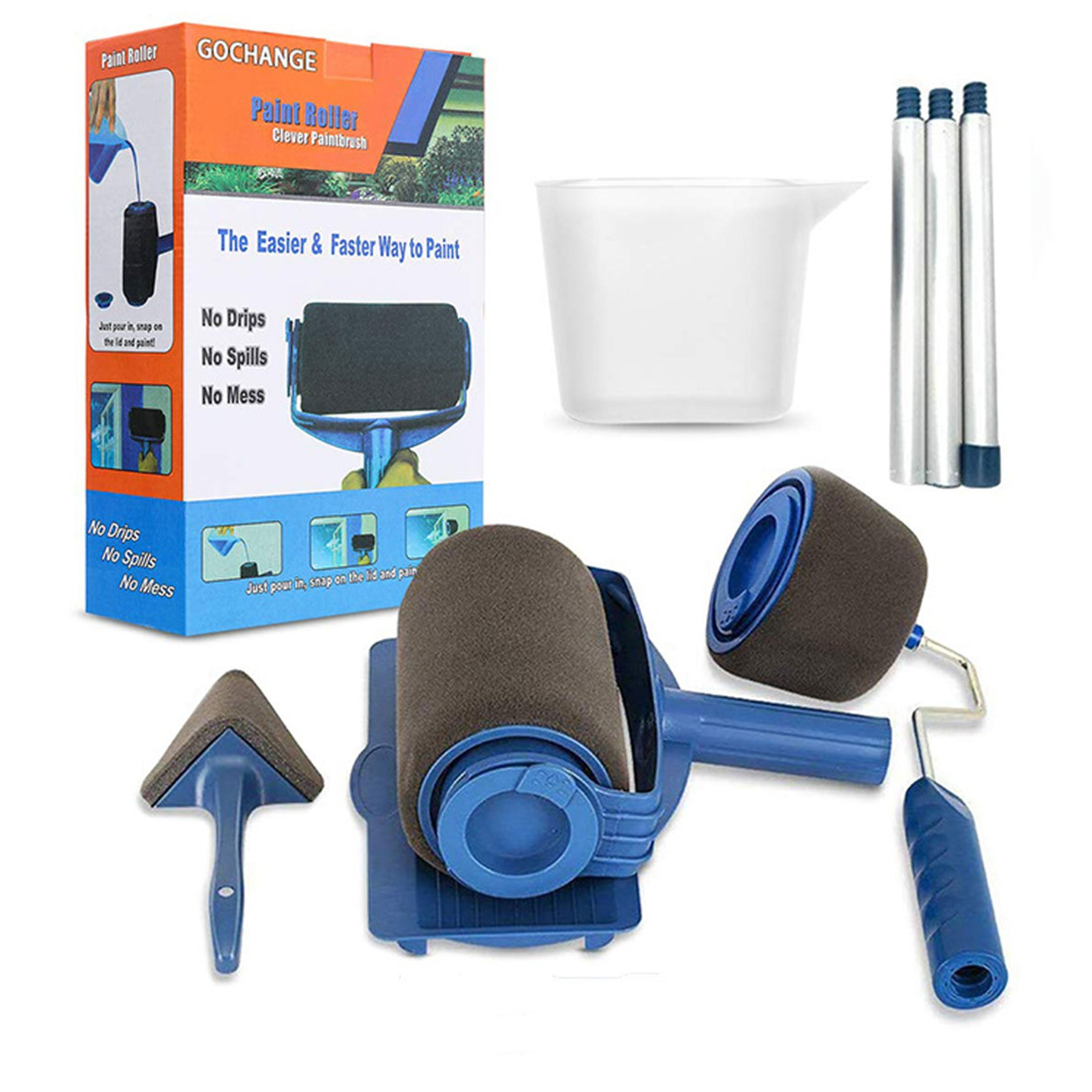 Ein Farbroller-Set mit einer Box, Rollen, einer Schale und einem Behälter, alles in Blau und Weiß. Auf der Box steht 'Paint Roller'.