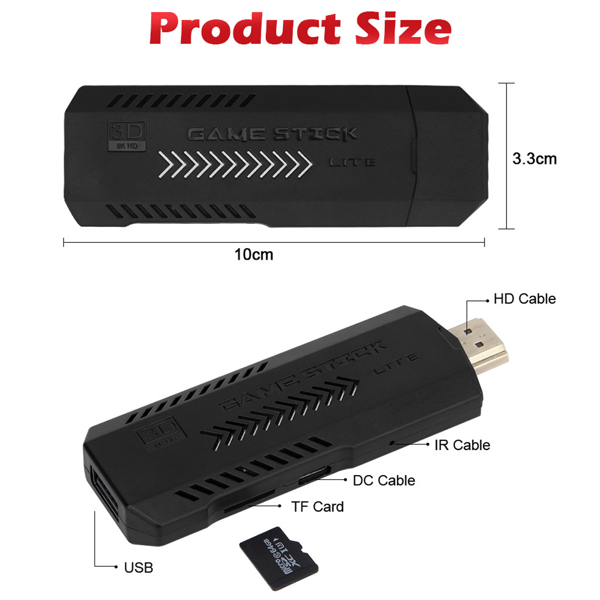 Schwarzes Game Stick Lite-Gerät mit Etiketten, einer TF-Karte und Anschlüssen: USB, DC-Kabel, IR-Kabel und HD-Kabel. Abmessungen sind angegeben.