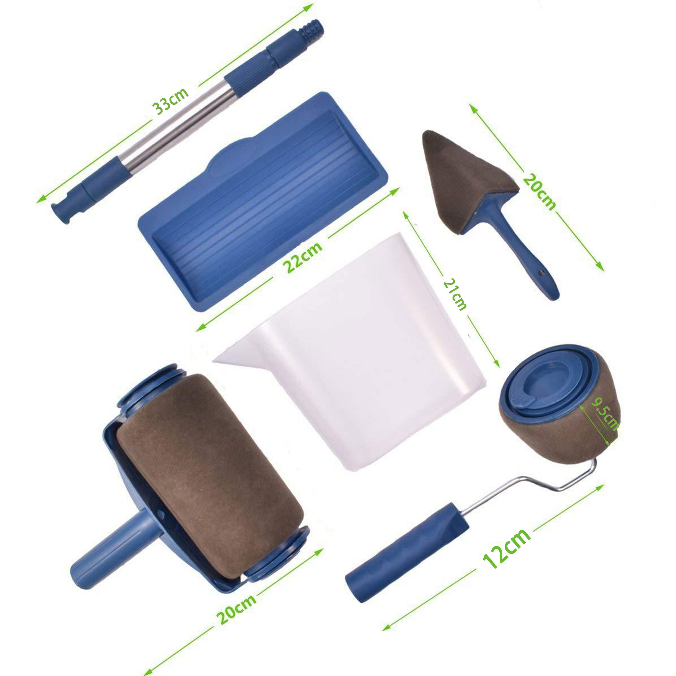 Set mit Werkzeugen zum Streichen: Walze, Schale, Pinsel, Verlängerungsstange und Farbbehälter. Blau und Braun dominieren.