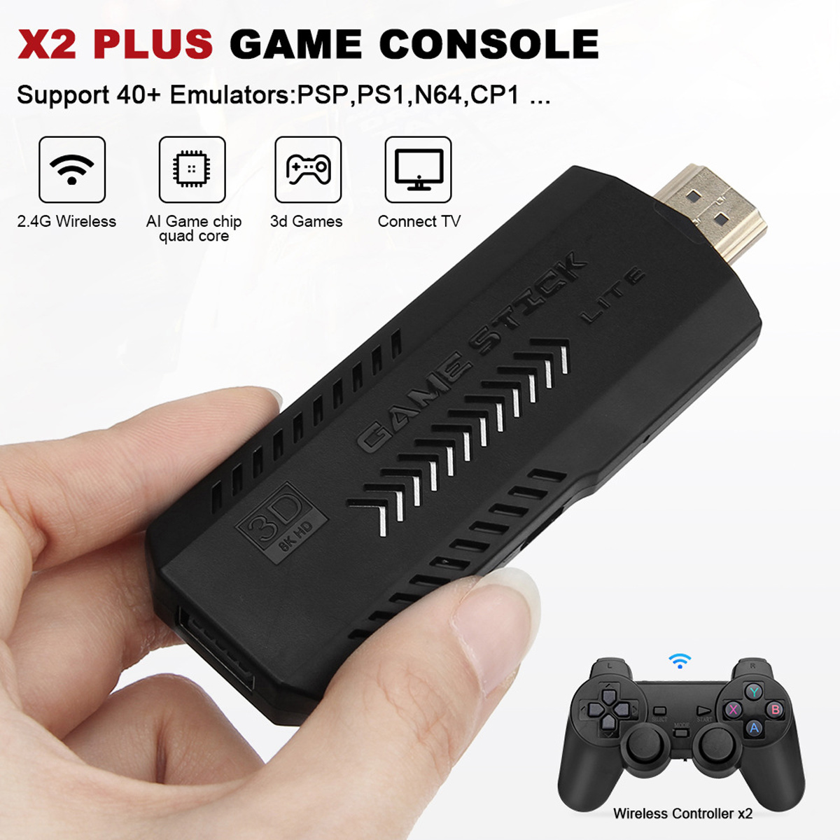 Ein schwarzer Game Stick Lite wird von einer Hand gehalten. Er hat einen HDMI-Anschluss und den Text „GAME STICK LITE“. Ein drahtloser Controller wird gezeigt.