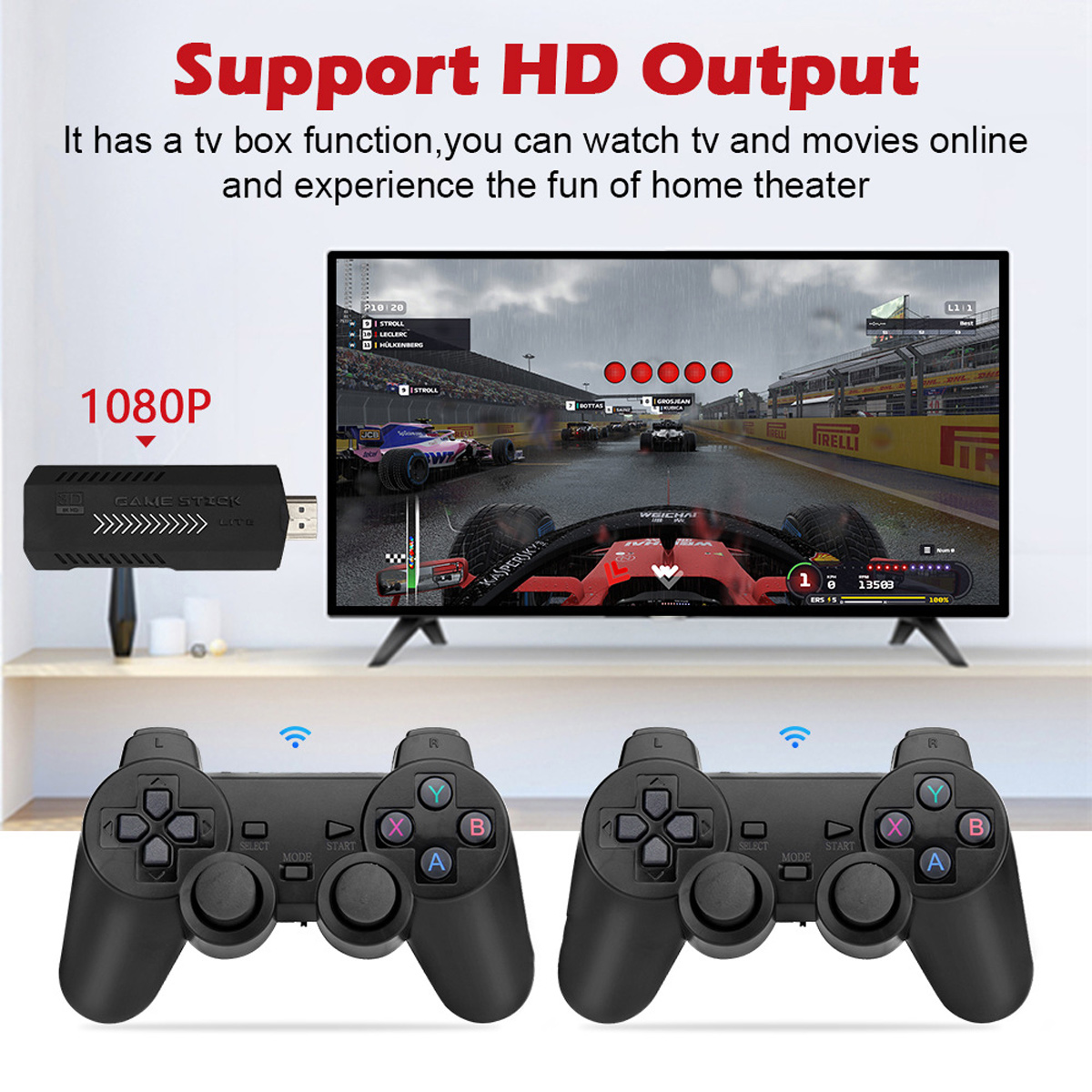 Das Bild zeigt ein Spielkonsolen-Setup. Enthält einen Fernseher, Gamecontroller und einen Game-Stick. Der Fernseher zeigt ein Rennspiel.