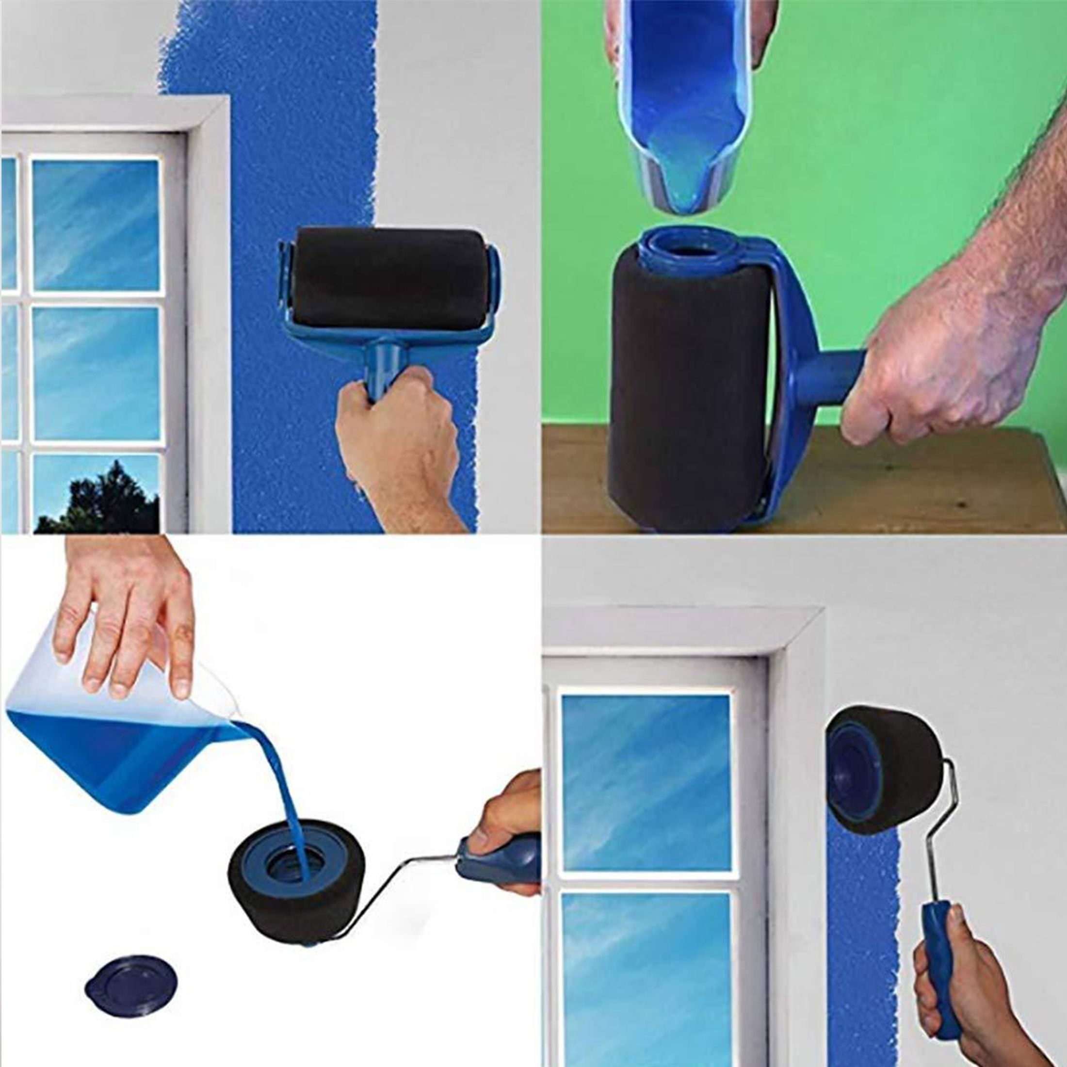 Viergeteiltes Bild zeigt den Malprozess. Eine Farbwalze wird gefüllt und an einer Wand und einem Fensterrahmen verwendet. Blaue Farbe wird verwendet.