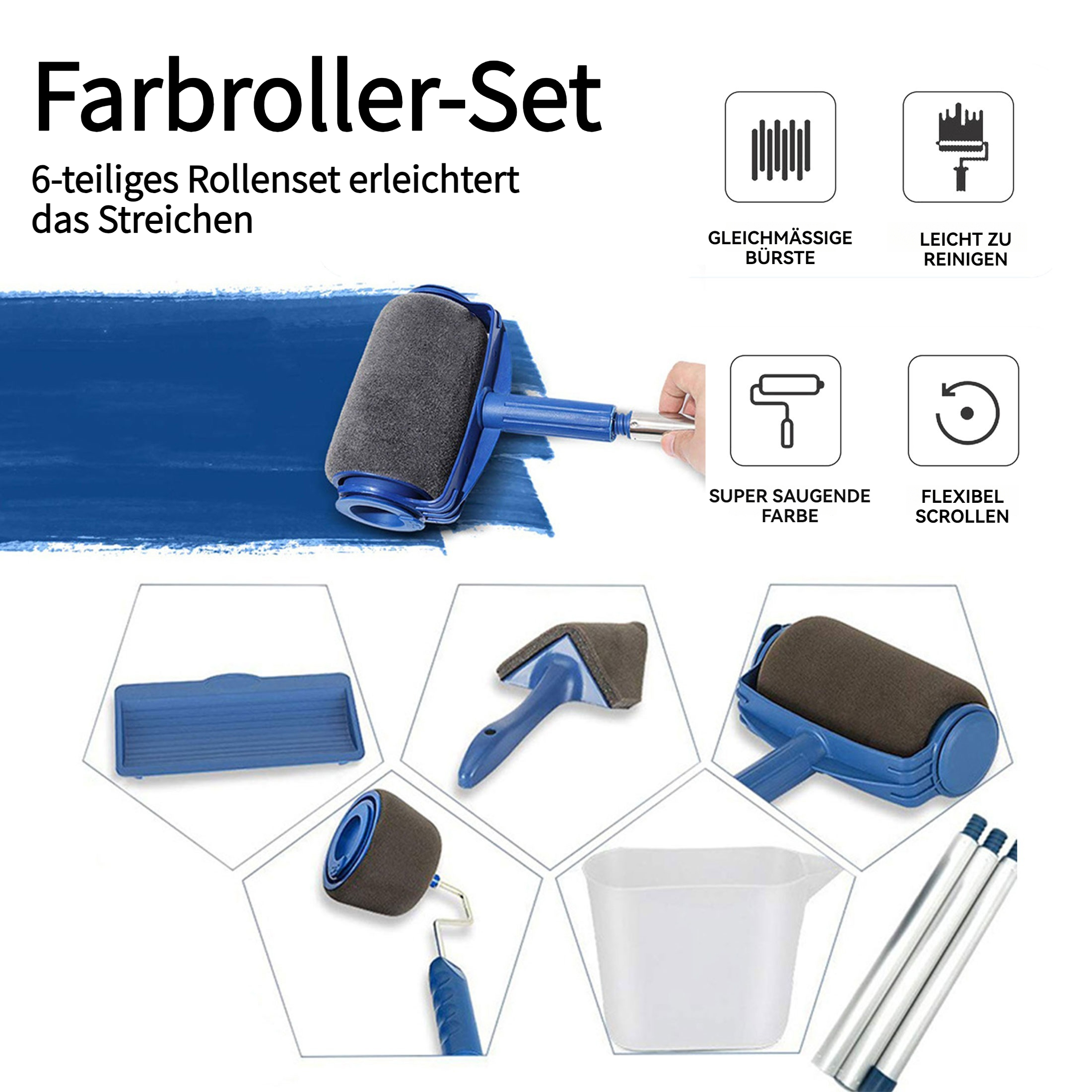 Ein Farbroller-Set mit mehreren Komponenten, darunter Rollen, Schalen und Griffe, auf weißem Hintergrund.