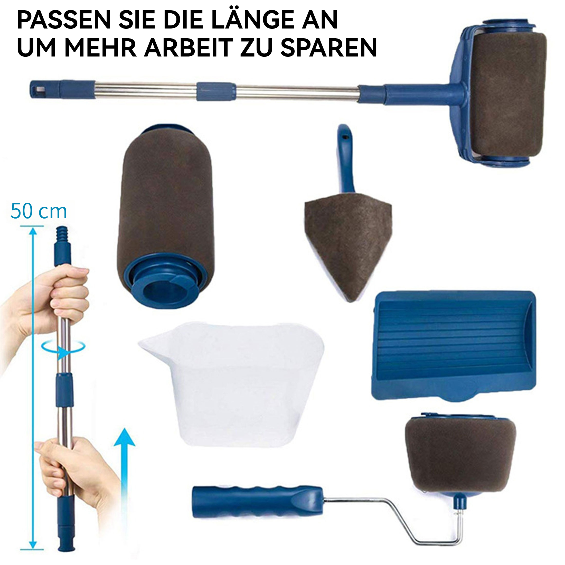 Verschiedene Malwerkzeuge werden gezeigt: eine verstellbare Stange, Farbroller, ein Pinsel und Farbschalen, alles vor weißem Hintergrund.