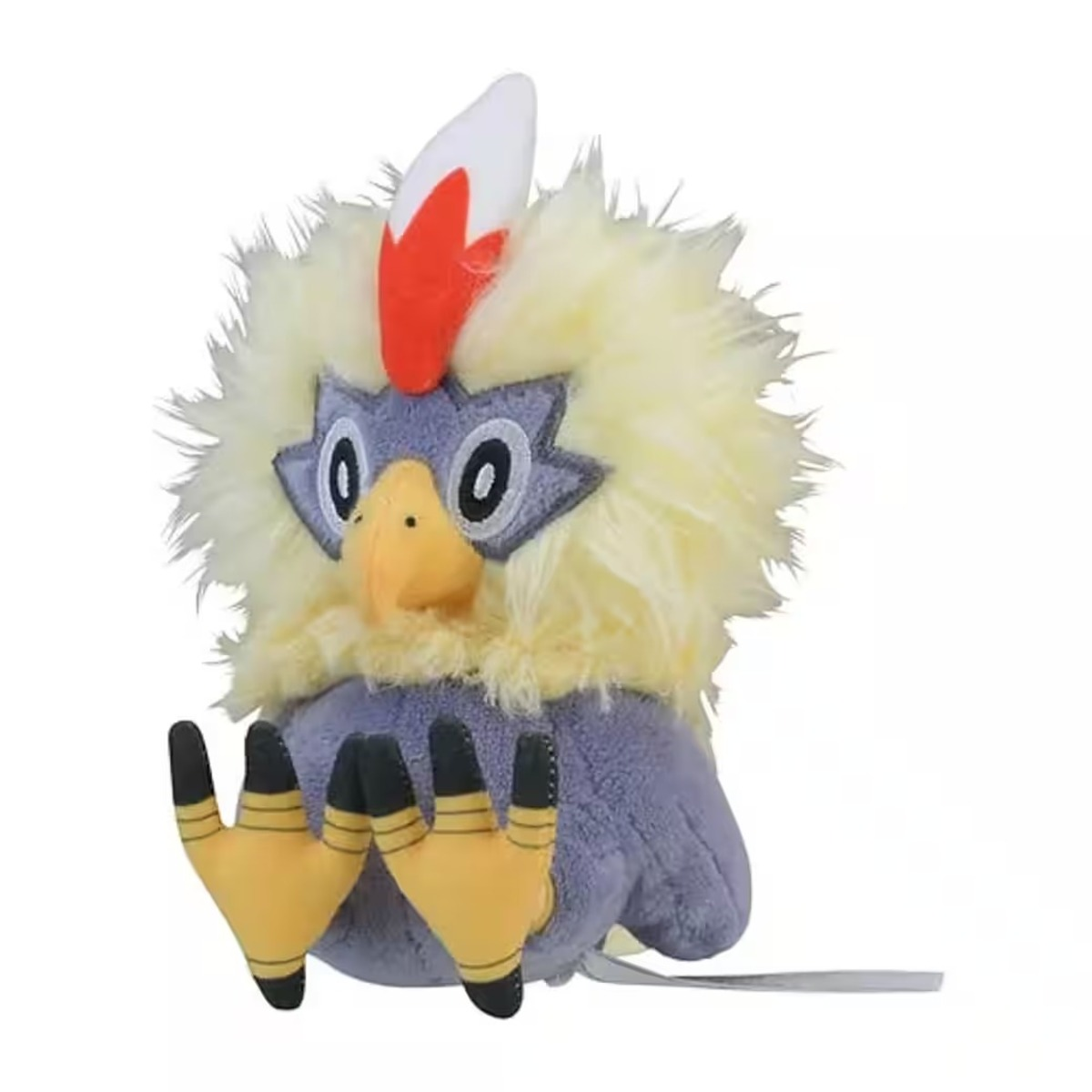 Plüschvogel mit gelbem Fell, grauem Gesicht, orangem Schnabel und gelben Füßen. Er hat einen roten und weißen Kamm und schwarze Krallenfüße.
