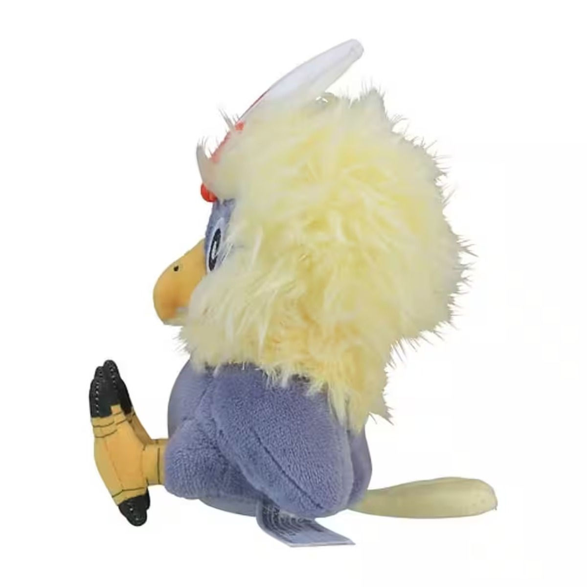 Ein Stoffvogelspielzeug mit gelbem, flauschigem Kopf, grauem Körper, gelbem Schnabel und Füßen sowie weißen Akzenten. Es sitzt auf weißem Hintergrund.
