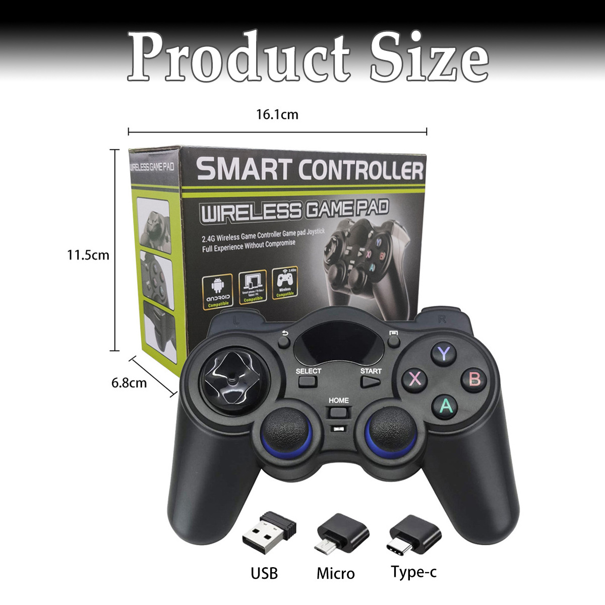 Ein schwarzer drahtloser Spielcontroller mit einer Box im Hintergrund. Die Box hat das Bild des Controllers. Außerdem drei verschiedene Anschlüsse.