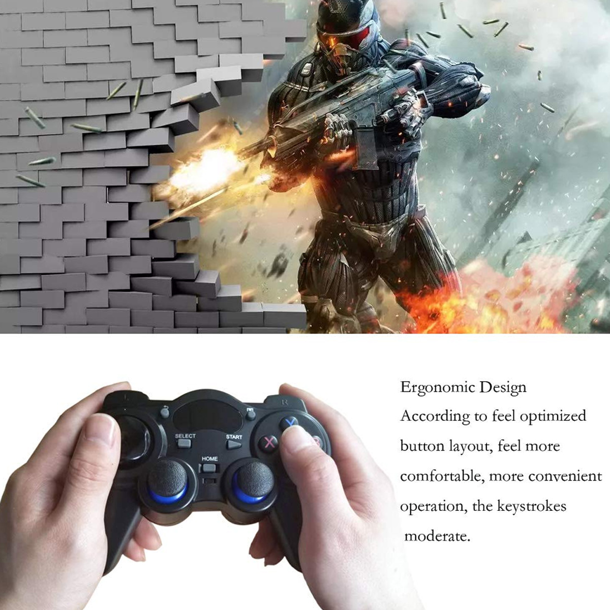 Videospiel-Controller in Händen, vor einem Hintergrund mit schießendem Soldaten und einstürzender Mauer.