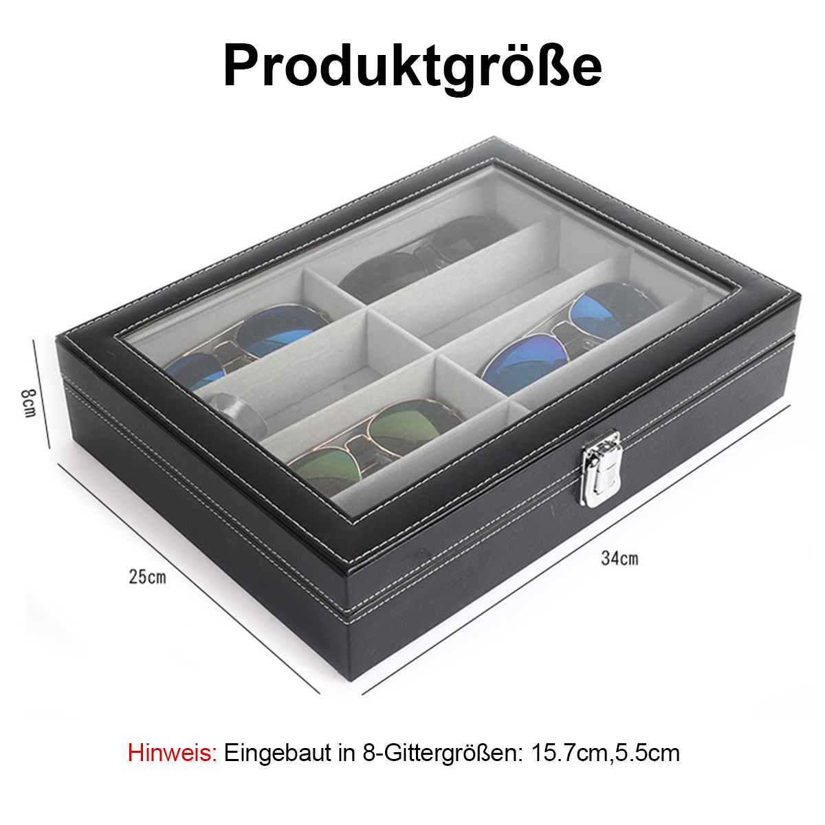 Schwarze Sonnenbrillen-Aufbewahrungsbox mit beschrifteten Abmessungen. Glasdeckel zeigt Sonnenbrillen im Inneren. Text sagt Produktgroße und andere Infos.
