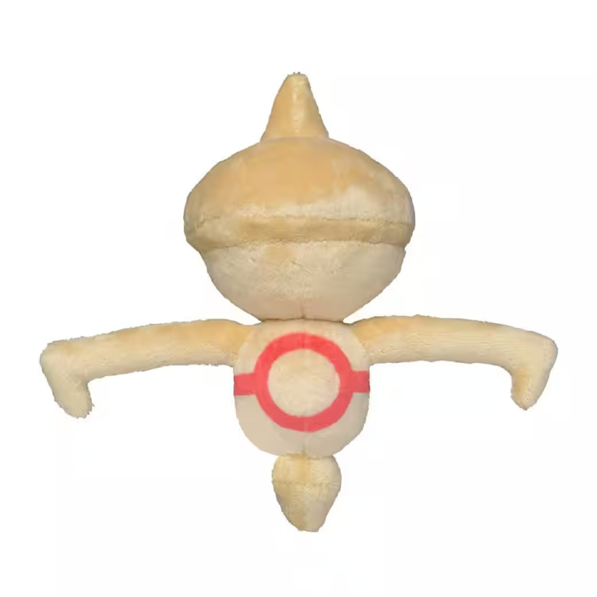 Ein Plüschtier in Form einer Figur. Es hat einen beigen Kopf, einen Körper mit rotem Kreis und ausgestreckte Arme. Der Hintergrund ist weiß.