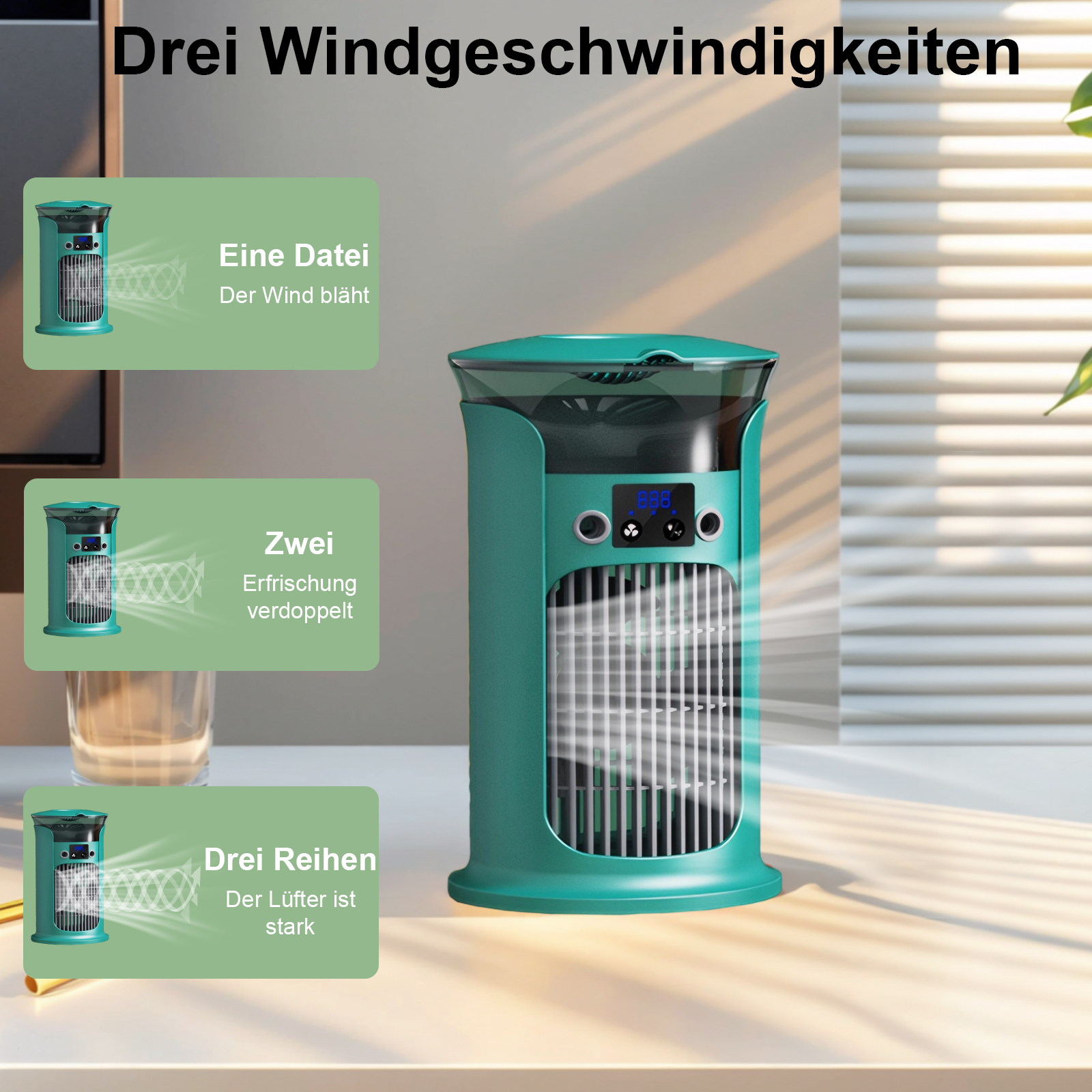 Ein türkisfarbener Luftkühler, der Windgeschwindigkeiten zeigt. Textbeschriftungen heben Funktionen hervor.
