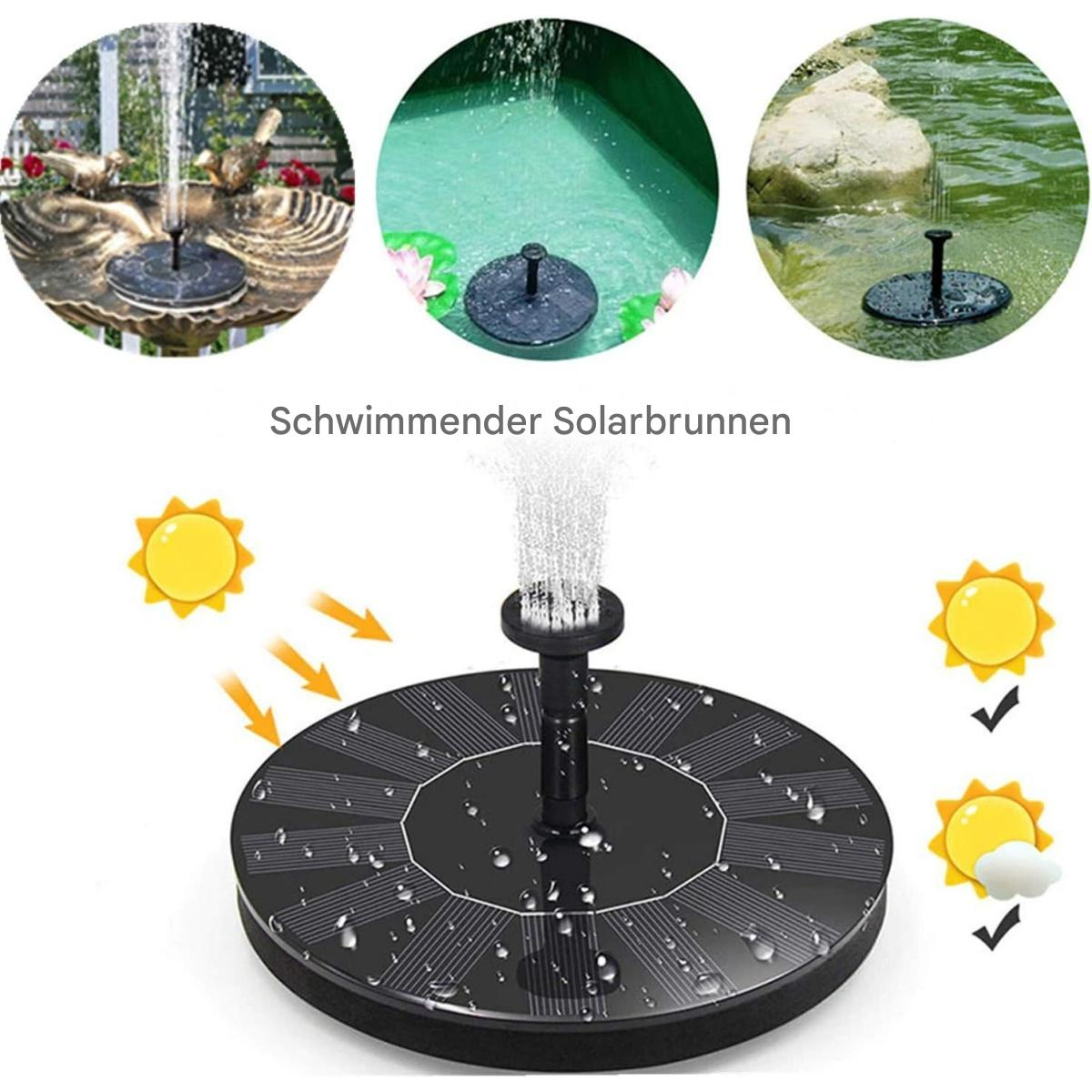 Ein solarbetriebener Brunnen, der Wasser nach oben spritzt. Der Brunnen befindet sich in einem Teich. Gelbe Sonnensymbole sind an der Seite.