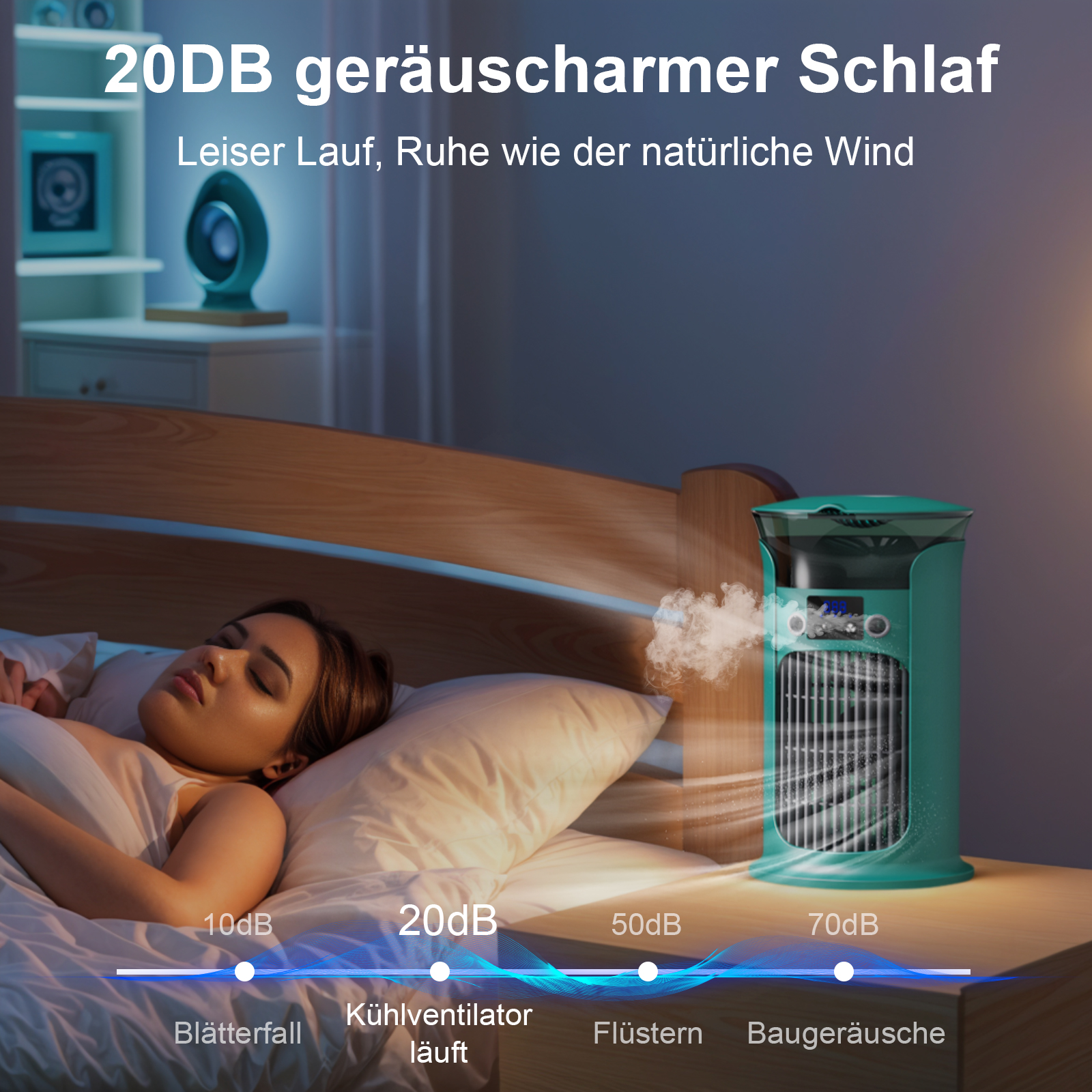 Eine Frau schläft im Bett. Ein grüner Luftkühler steht auf einem Nachttisch. Text auf Deutsch lautet '20DB ruhiger Schlaf'.