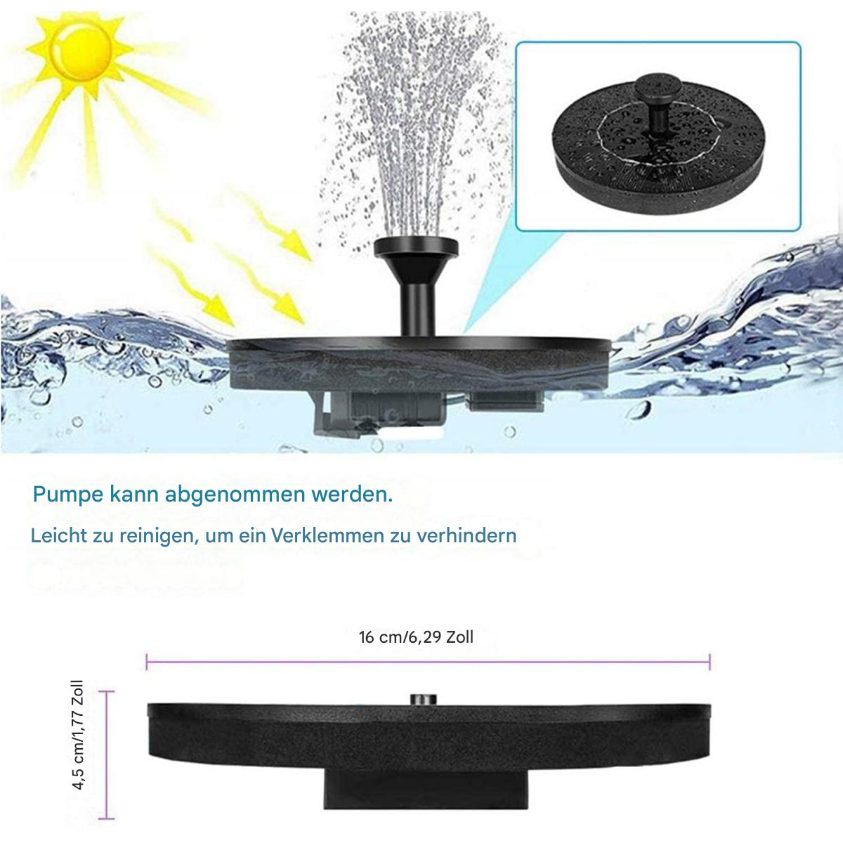 Ein solarbetriebener Brunnen mit Wasserspray, Sonnenillustration und Maßangaben. Die Pumpe kann entfernt und leicht gereinigt werden.