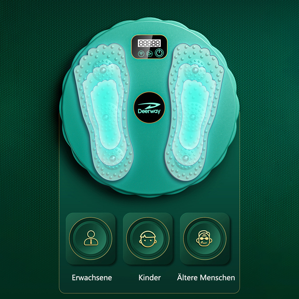 Ein grünes Fußmassagegerät mit fußförmigen Pads, Digitalanzeige und Symbolen für Erwachsene, Kinder und ältere Menschen.
