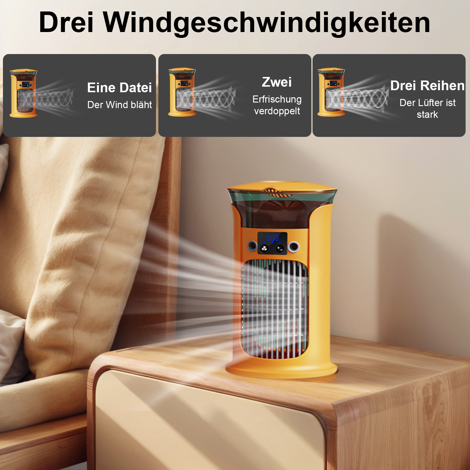 Ein orangefarbener Luftkühler steht auf einem Nachttisch aus Holz neben einem Bett. Text zeigt Windgeschwindigkeitsstufen.