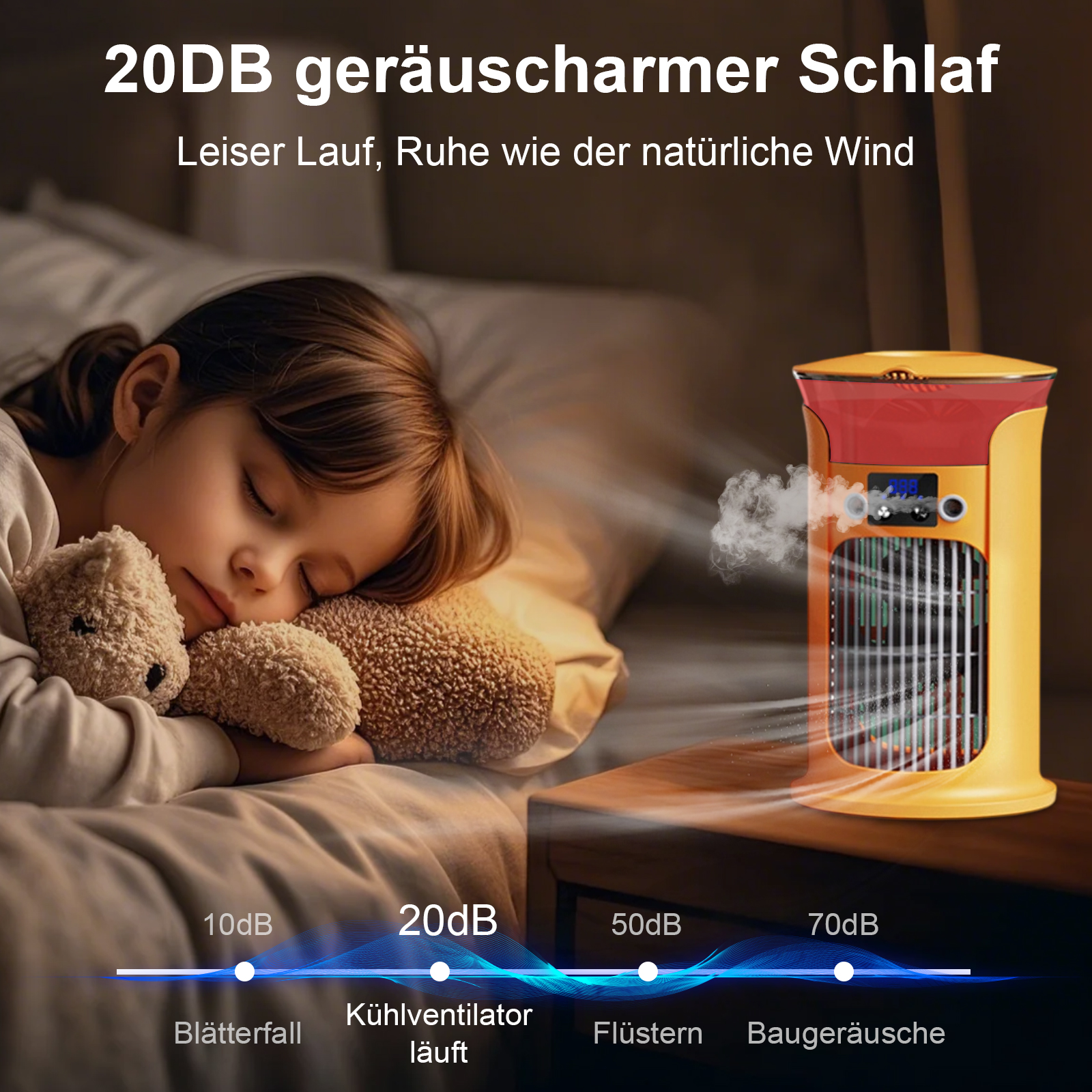 Ein schlafendes Mädchen mit Teddybär im Bett. Gelber Luftreiniger emittiert Dampf. Text zeigt niedrige Geräuschpegel.