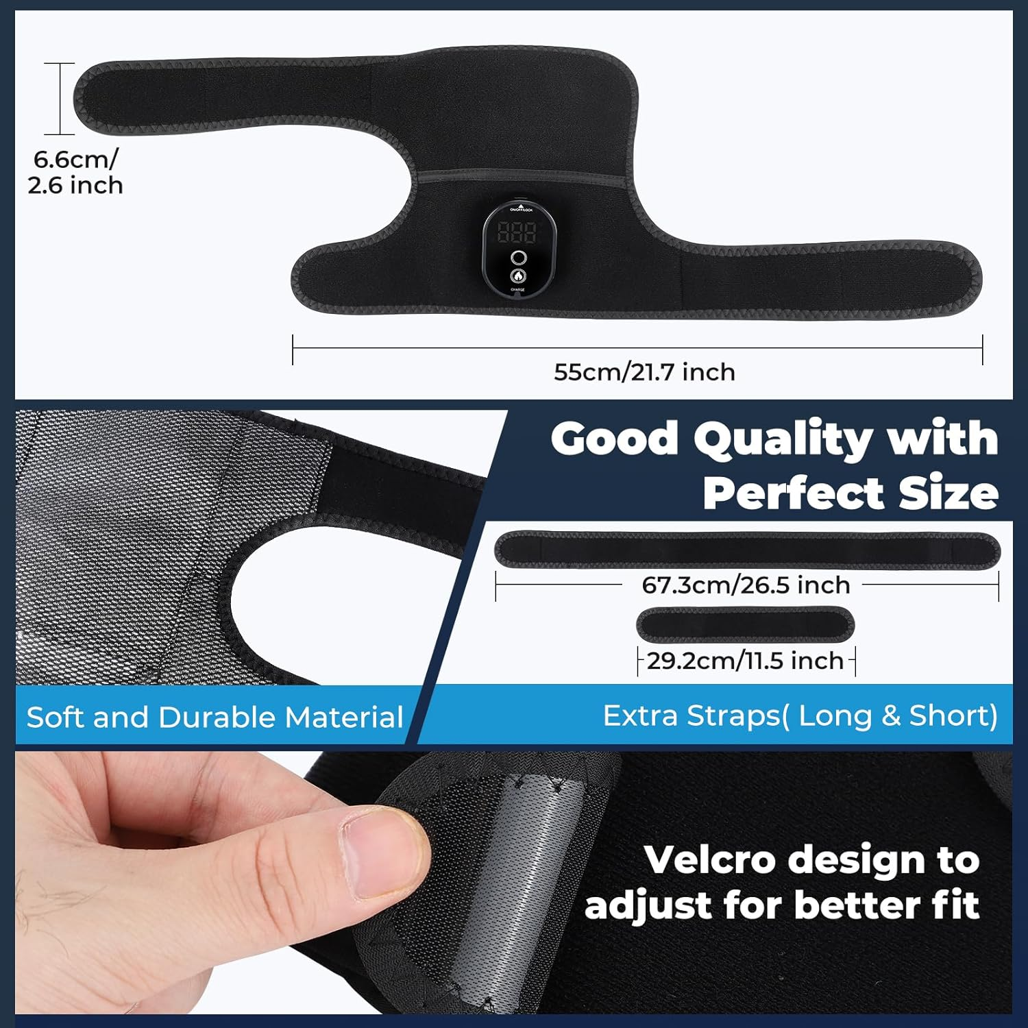 Schwarze Kniebandage mit Digitalanzeige, Maße angegeben. Merkmale umfassen weiches Material, zusätzliche Gurte und Klettverschluss.