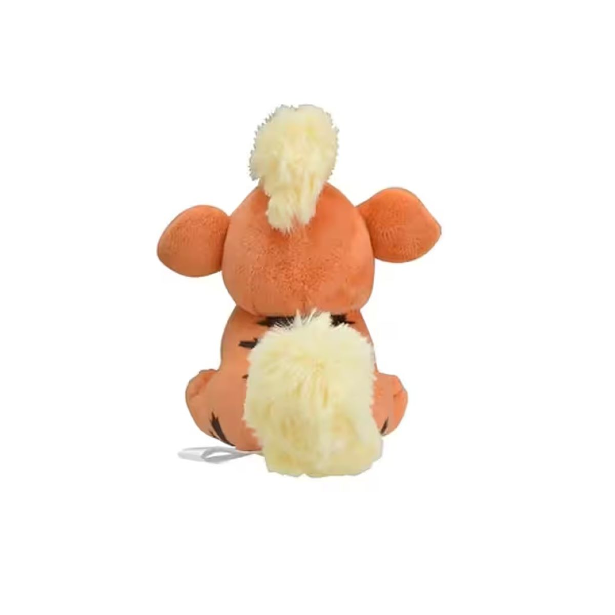 Orangenes Plüschtier, Rückansicht. Es hat einen flauschigen gelben Kamm und Schwanz. Das Spielzeug befindet sich auf weißem Hintergrund.