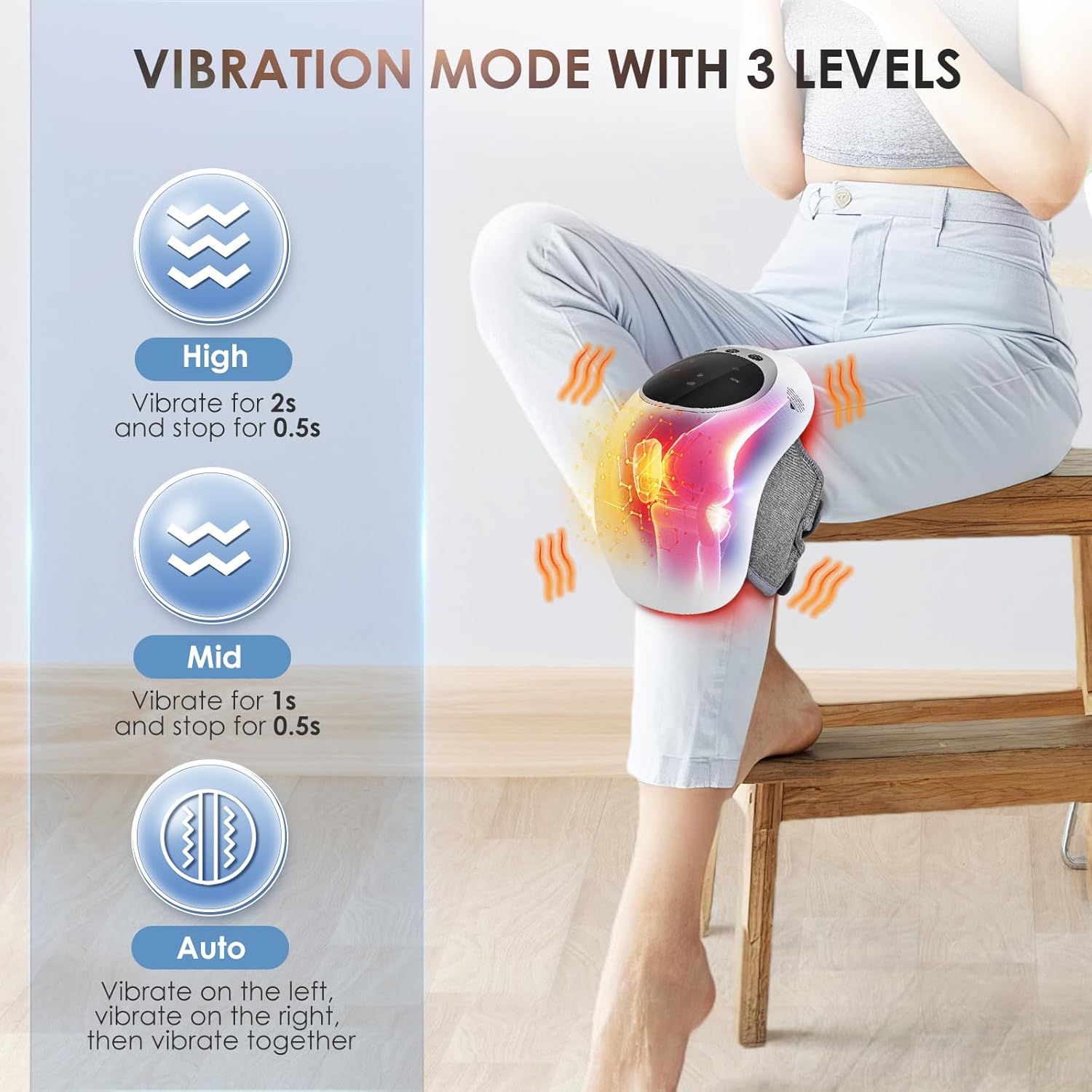 Das Bild zeigt eine Frau, die ein Kniemassagegerät mit drei Vibrationsstufen verwendet: Hoch, Mittel und Auto. Das Massagegerät befindet sich auf ihrem Knie.
