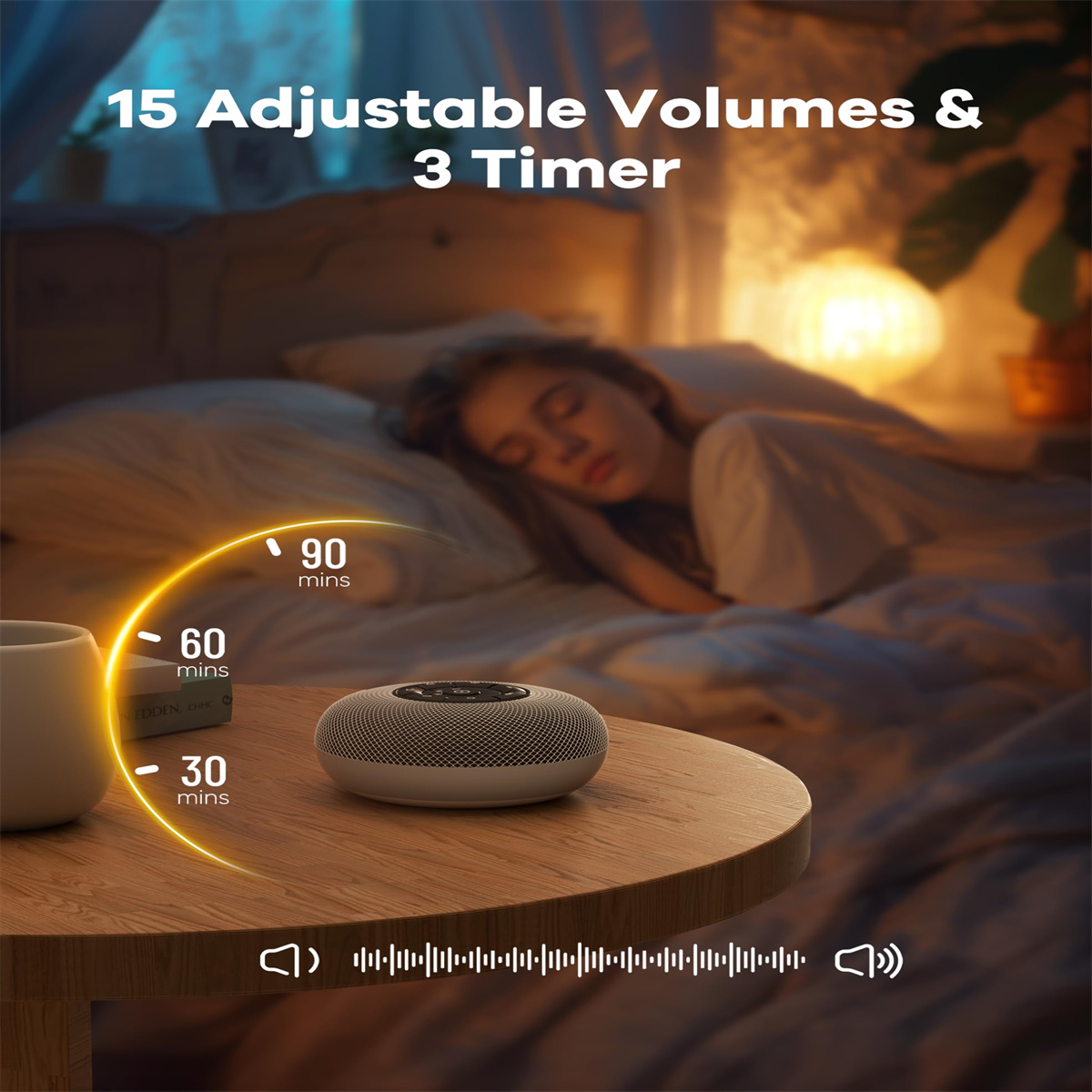Eine Frau schläft im Bett. Auf einem Tisch steht ein Sound-Gerät mit Timer. Das Bild hat Text: 15 Einstellbare Lautstärken & 3 Timer.