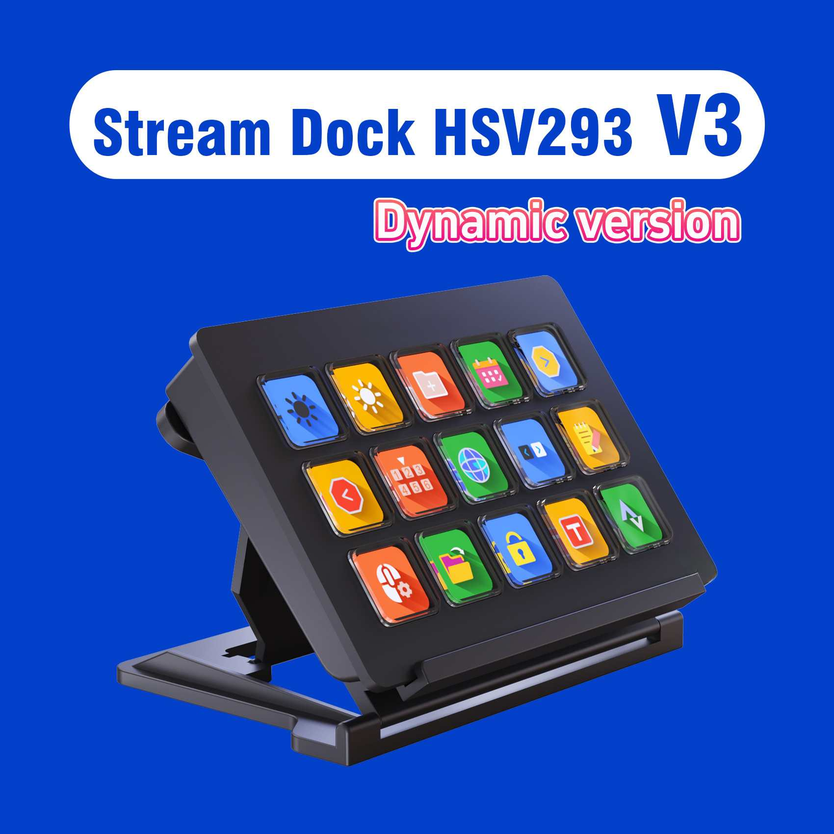 Schwarzes Stream Deck mit farbigen Symbolen auf den Tasten, blauem Hintergrund und weißem und rosa Text.