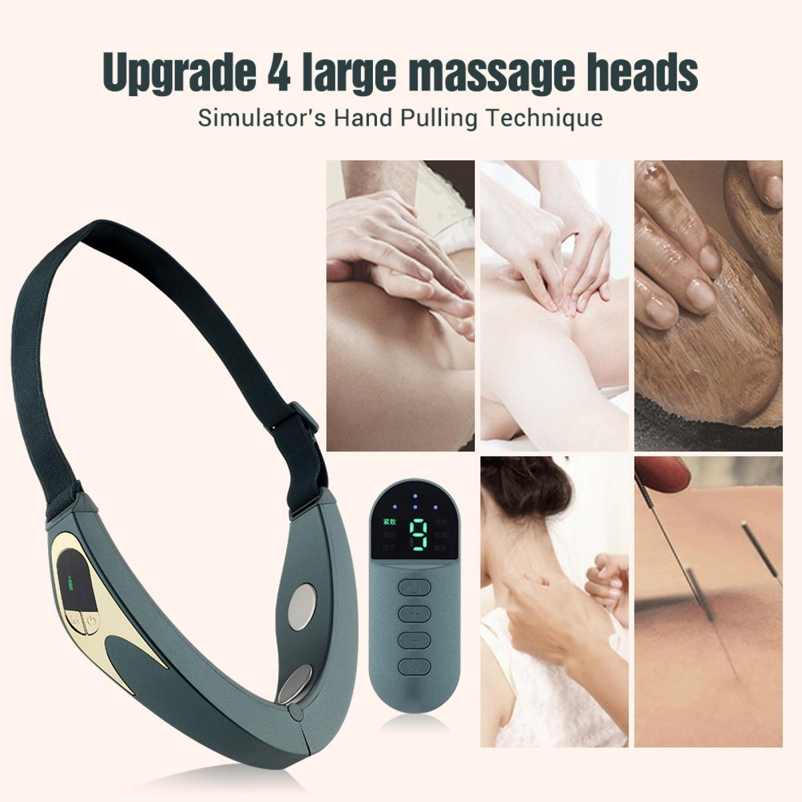 Das Bild zeigt ein Massagegerät mit Bedienfeld. Seitenbilder zeigen die Anwendung auf Rücken, Nacken und Akupunktur.