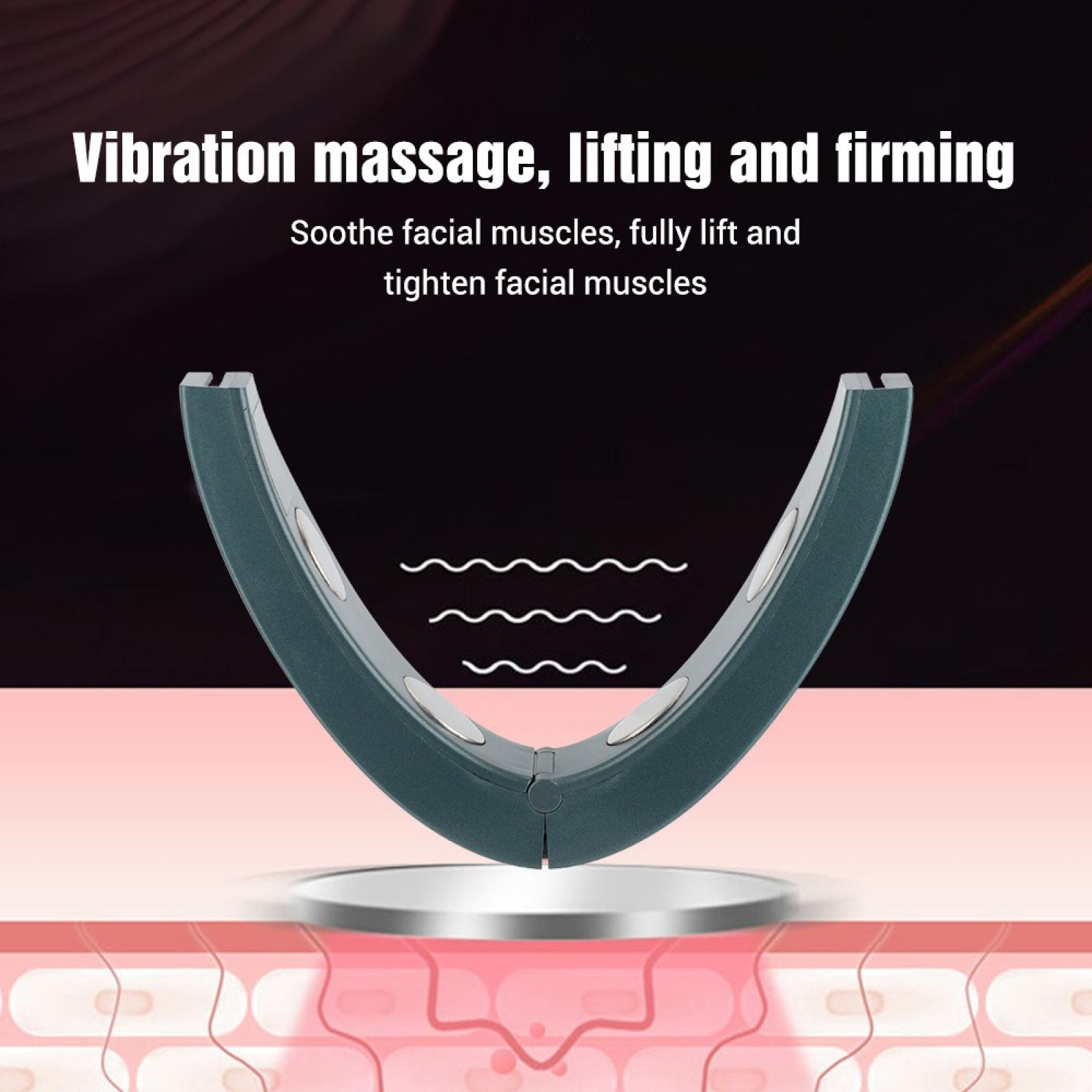 Ein grünes Gesichtsmassagegerät mit Text über Vibrationsmassage. Das Gerät wird über einem Hautdiagramm platziert.