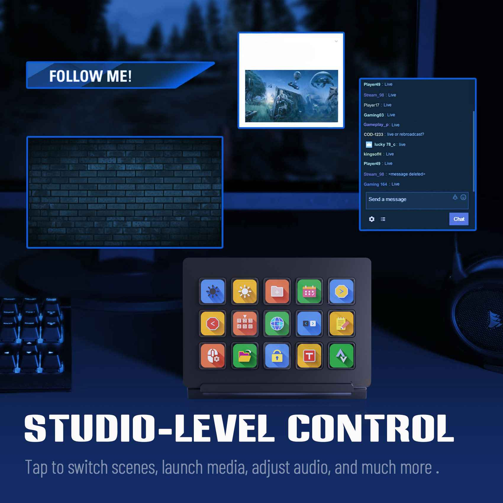 Das Bild zeigt ein Streaming-Setup mit einem Bedienfeld, einem Chat-Fenster und einem 'Follow Me'-Banner. Es gibt Symbole und Text.