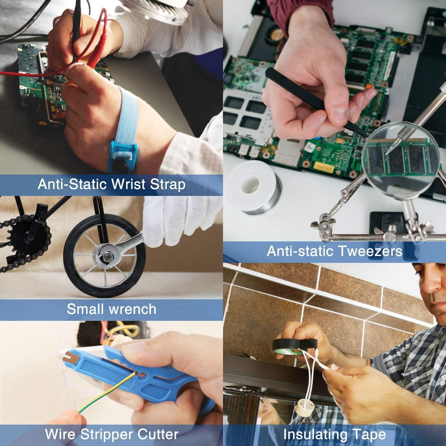 Das Bild zeigt verschiedene Werkzeuge: Anti-Statik-Armband, Pinzette, kleiner Schraubenschlüssel, Abisolierzange und Isolierband. Für Elektronikreparatur und Elektroarbeiten verwendet.