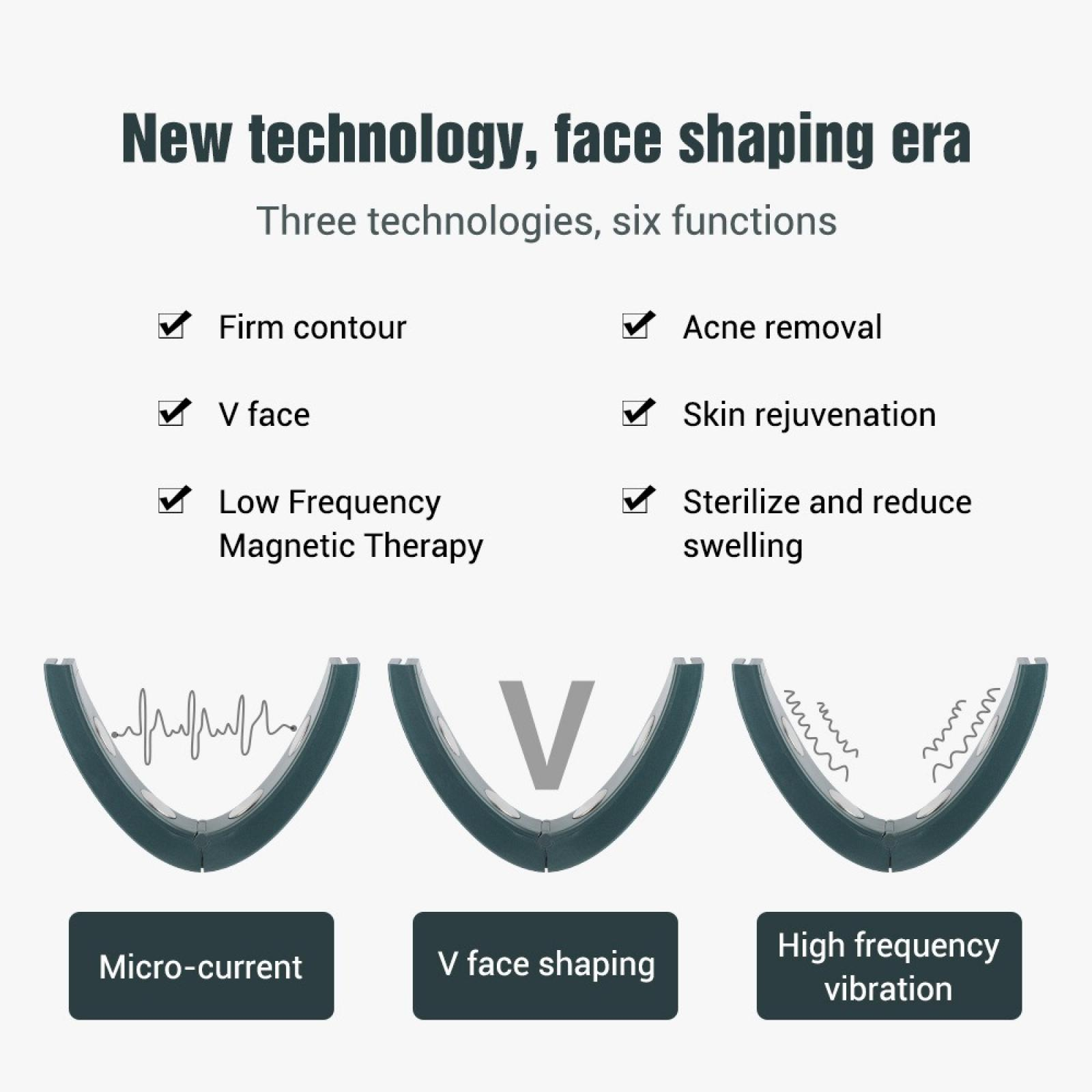 Das Bild zeigt ein Gesichtsformungsgerät mit drei Technologien: Mikrostrom, V-Gesichtsformung und hochfrequente Vibration.