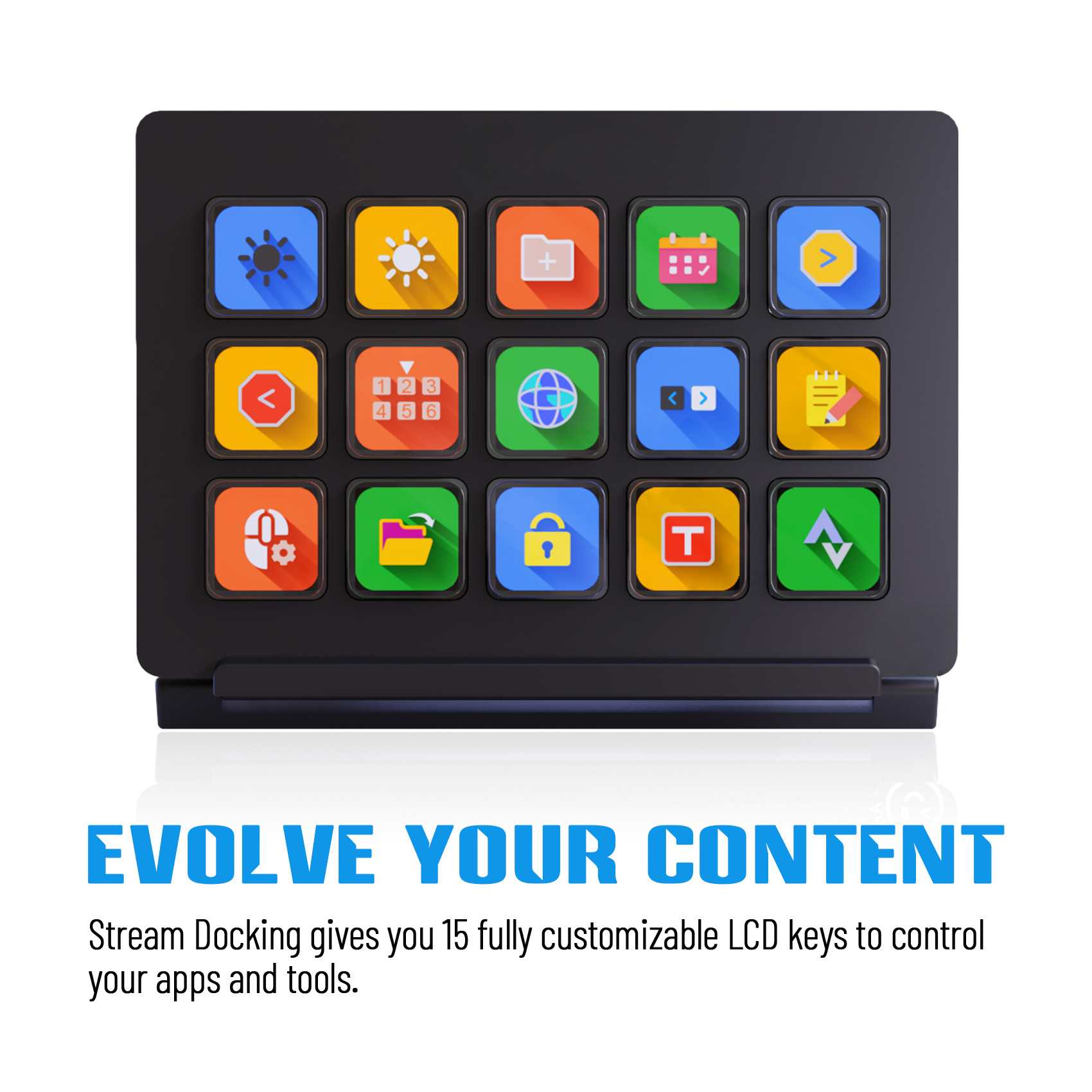 Ein schwarzes Gerät mit 15 bunten Symbolen auf dem Bildschirm. Der Text "EVOLVE YOUR CONTENT" und die Produktbeschreibung stehen unten.