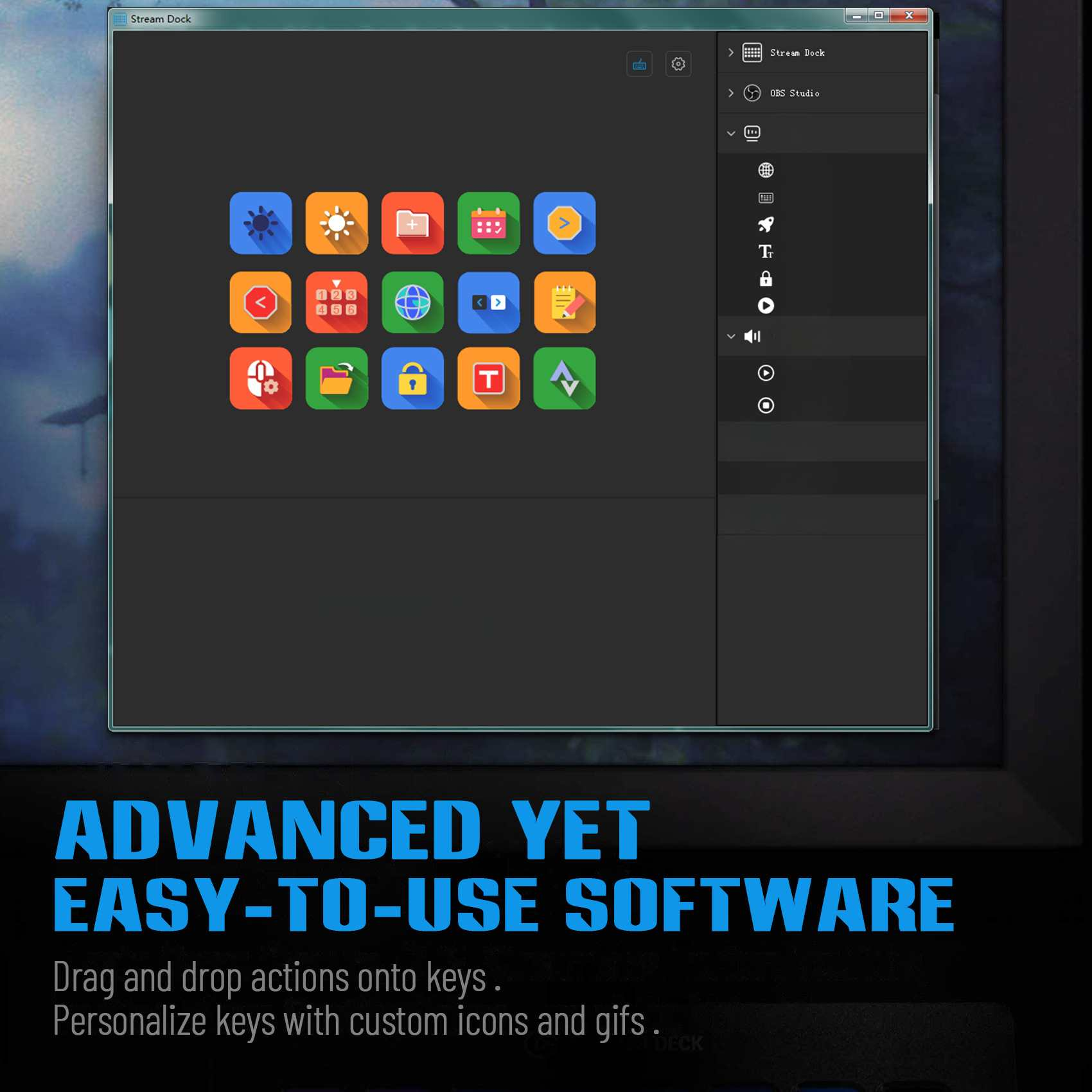 Stream Dock Software-Oberfläche. Symbole umfassen Sonne, Kalender, Globus und Schloss. Text besagt erweiterte, benutzerfreundliche Software.