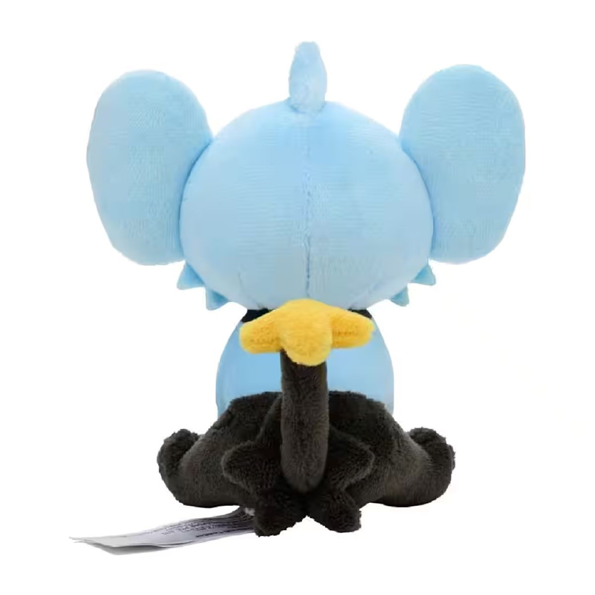 Ein Plüschtier eines Shinx-Pokémon, Rückansicht. Es ist blau mit großen Ohren, einem schwarzen Schwanz und gelb/schwarzen Details.