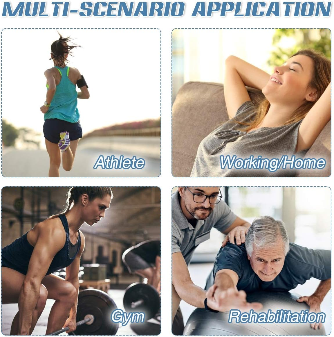 Das Bild zeigt Szenen: Athlet beim Laufen, Frau entspannt sich, Frau hebt Gewichte und Mann hilft bei Reha-Übungen auf einem Ball.