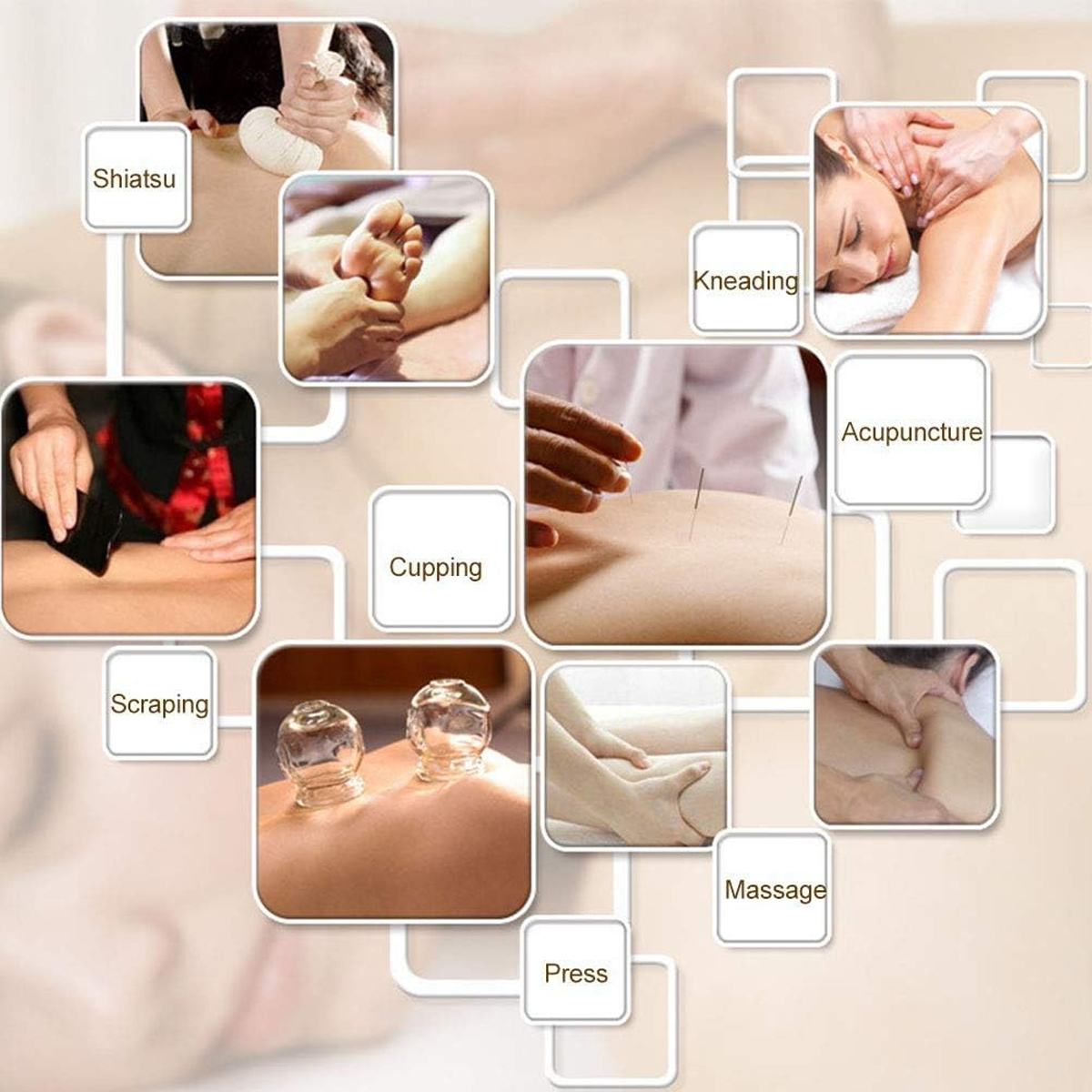 Collage mit verschiedenen Massagetherapien. Enthält Bilder von Shiatsu, Kneten, Akupunktur, Schröpfen, Schaben, Pressen und Massagetechniken.