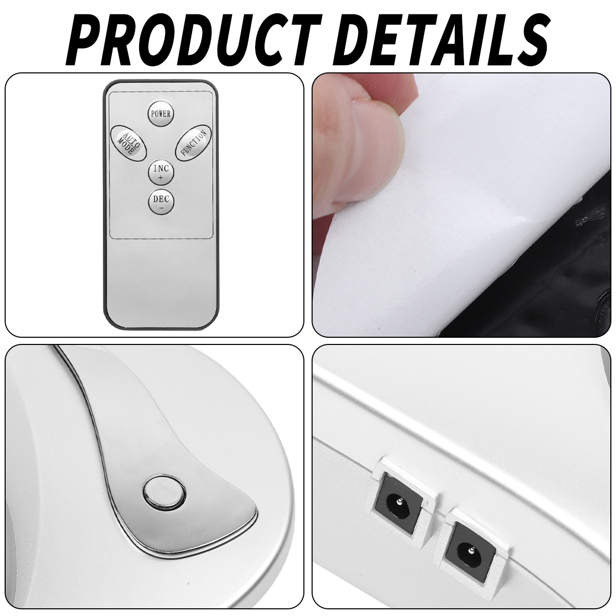 Produktdetails: Fernbedienung, ablösbarer Aufkleber, Knopf- und Gehäusedetail. Weißes und silbernes Farbschema. Der obere Text lautet 'PRODUCT DETAILS'.