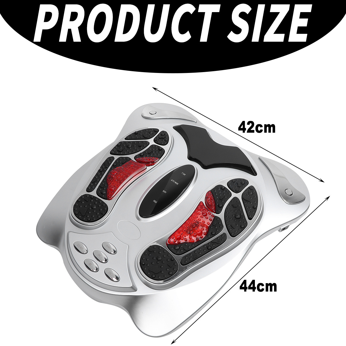 Silberner Fußmassagegerät mit rot-schwarzen strukturierten Bereichen. Zeigt Produktgröße als 42 cm und 44 cm. Steuerung umfasst Zeit, Automatikmodus und Intensität.