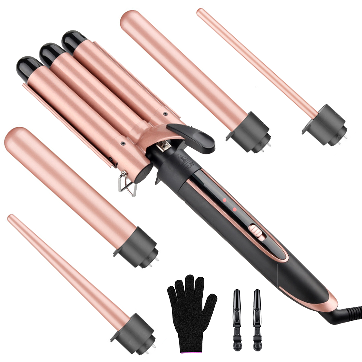 Ein Lockenstab-Set mit mehreren Aufsätzen, einem hitzebeständigen Handschuh und Haarspangen, alles auf weißem Hintergrund.