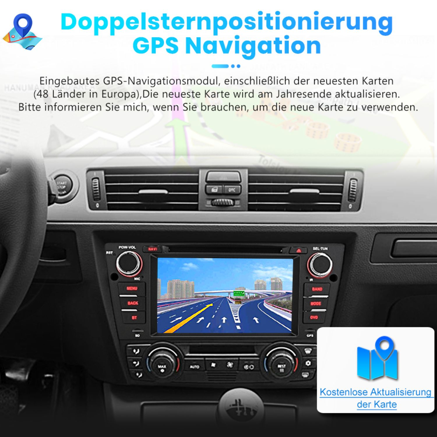 Der Bildschirm des Auto-Navigationssystems zeigt eine Straßenkarte mit Pfeilen. Das Armaturenbrett zeigt Knöpfe und den Innenraum des Autos.