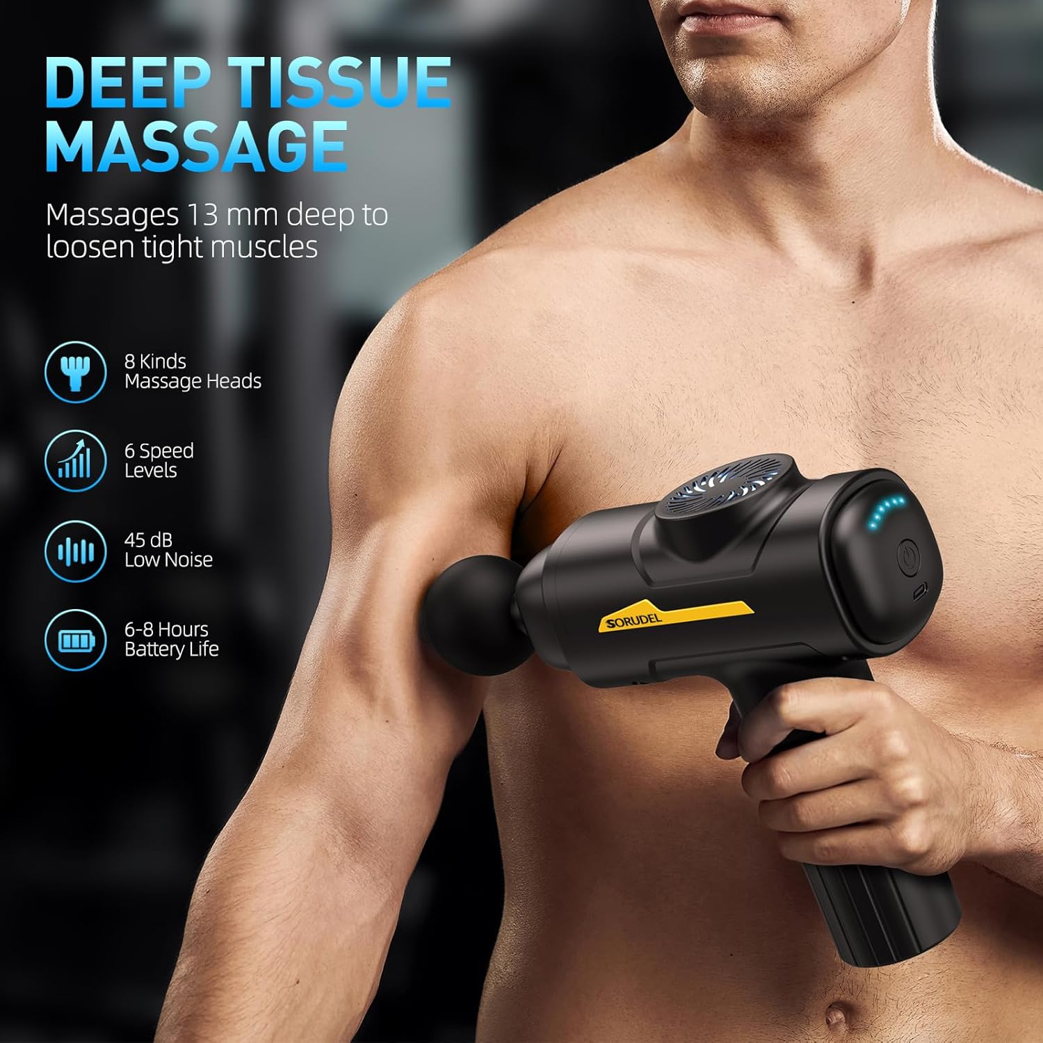 Ein Mann benutzt eine schwarze Massagepistole auf seiner Schulter. Text lautet 'Deep Tissue Massage', '8 Massageköpfe' und '6 Geschwindigkeitsstufen'.